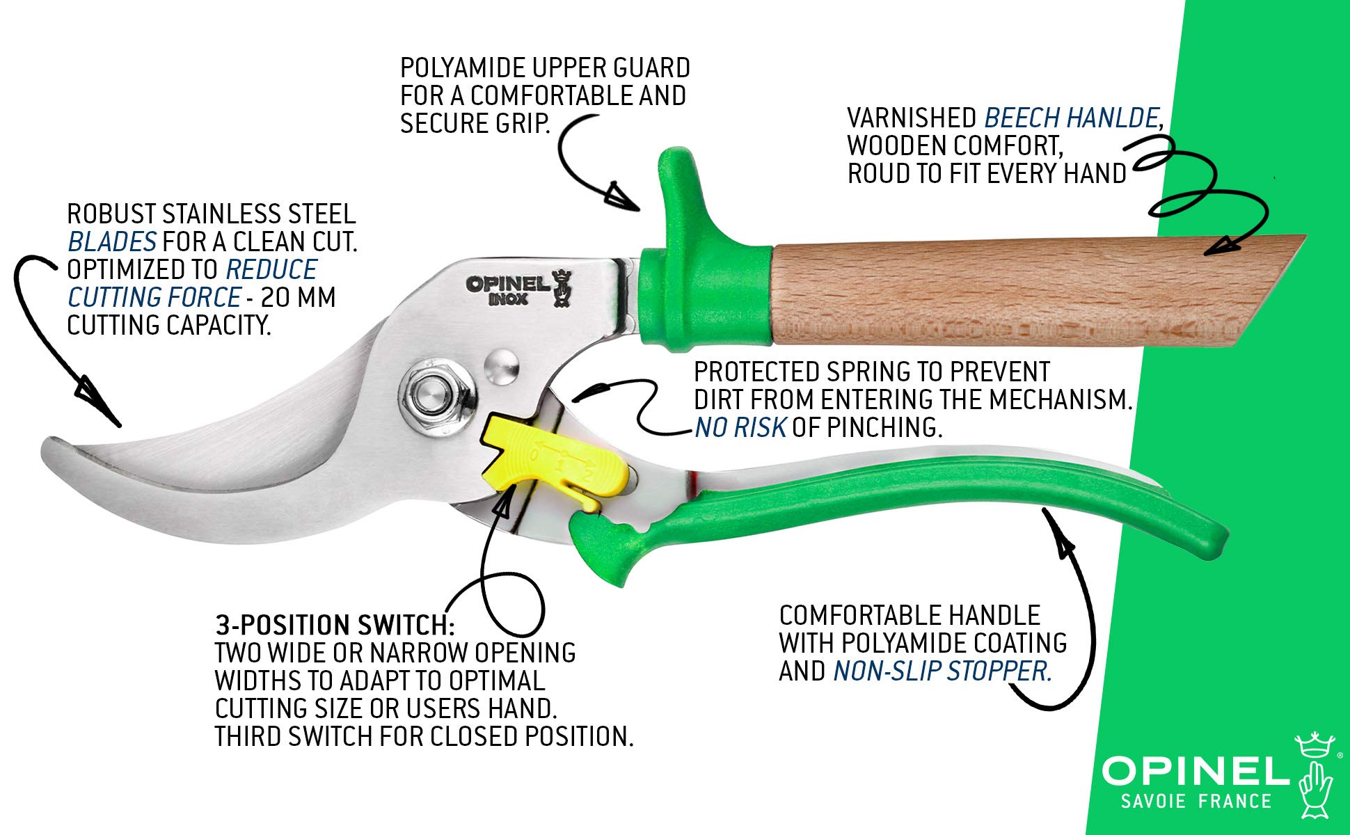 Opinel Premium Stainless Steel Hand Pruning Shears - Non-Slip Beech Wood Handle Garden Scissors for Trimming, Hedge Cutting & Lawn Care (Blue) | Ideal for Gardening, Landscaping & Outdoor Plant Maintenance