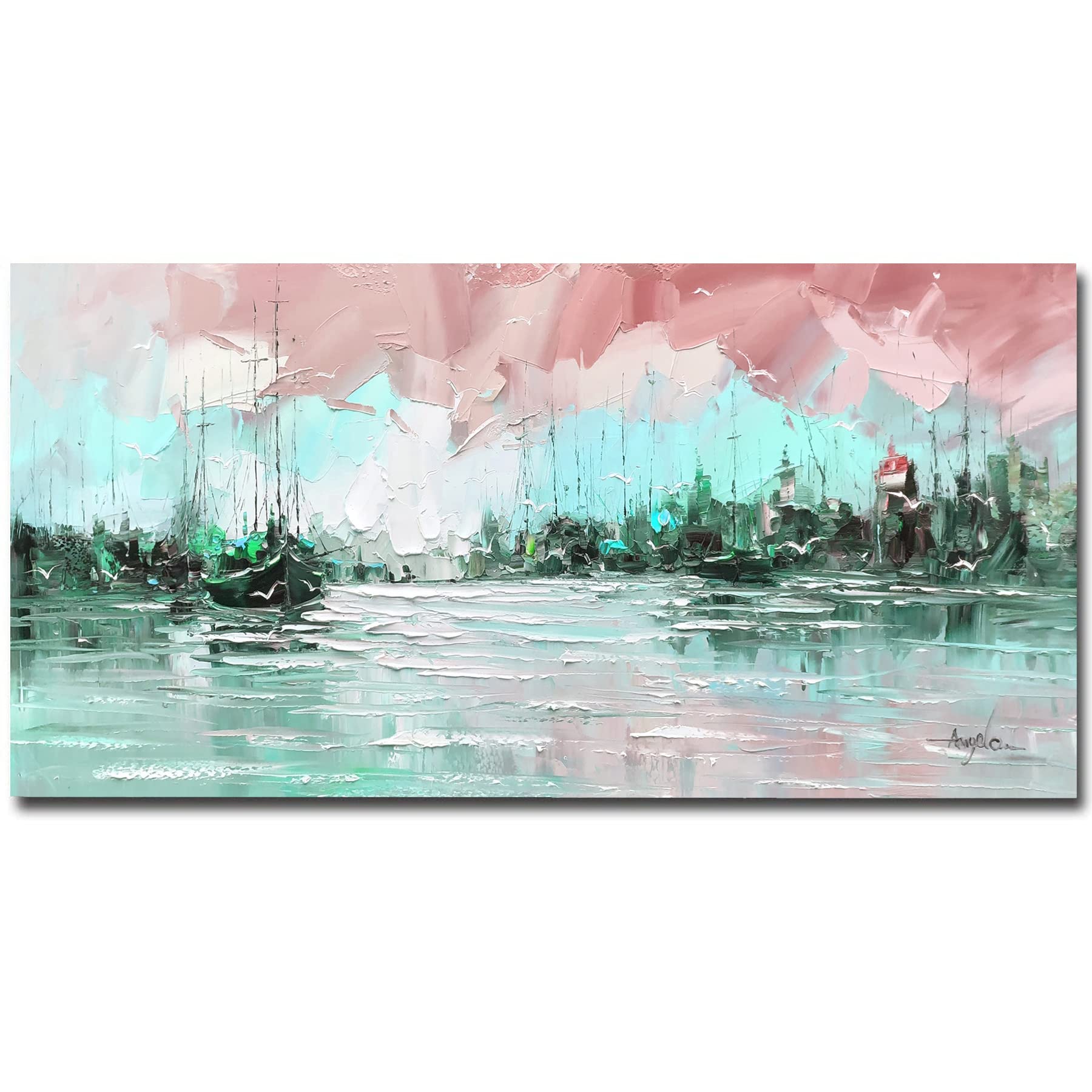 Original Hand-Painted Ocean Oil Painting on Canvas - Nautical Christmas Decor, Large Wall Art (96x48 Inch Unframed) - Perfect for Home Decor, Housewarming Gifts & Coastal Living Rooms
