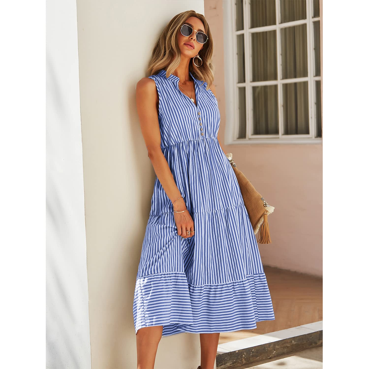 BROVAVE Women's 2025 Summer Sleeveless Striped V-Neck Collar Shirt Dress - Casual Midi Dress for Beach, Vacation & Everyday Wear