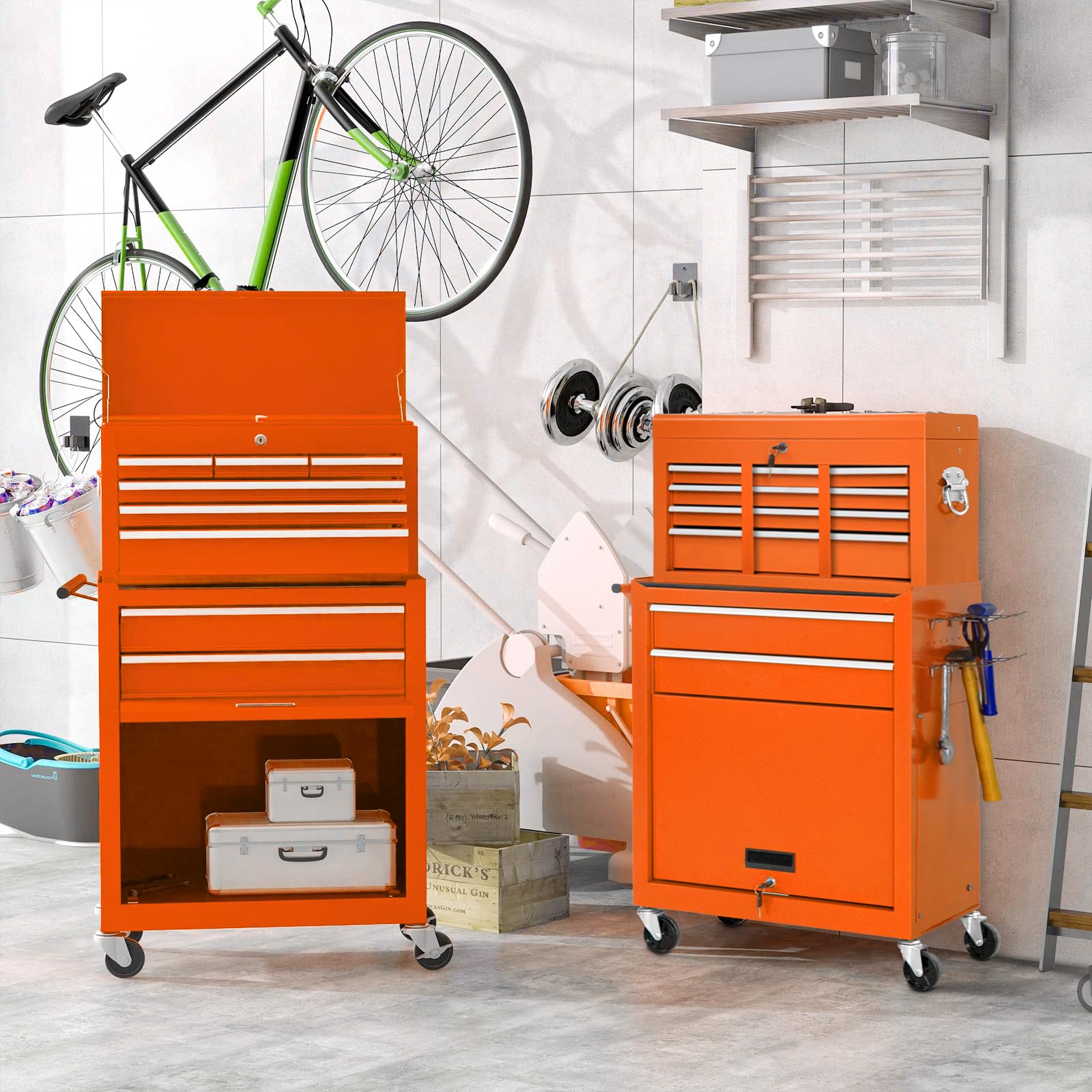 8-Drawer Rolling Tool Chest with Wheels - 2-in-1 Detachable Tool Box & Lockable Metal Cabinet for Garage, Workshop & DIY Projects | Heavy-Duty Tool Cart with Storage Drawers (Orange)