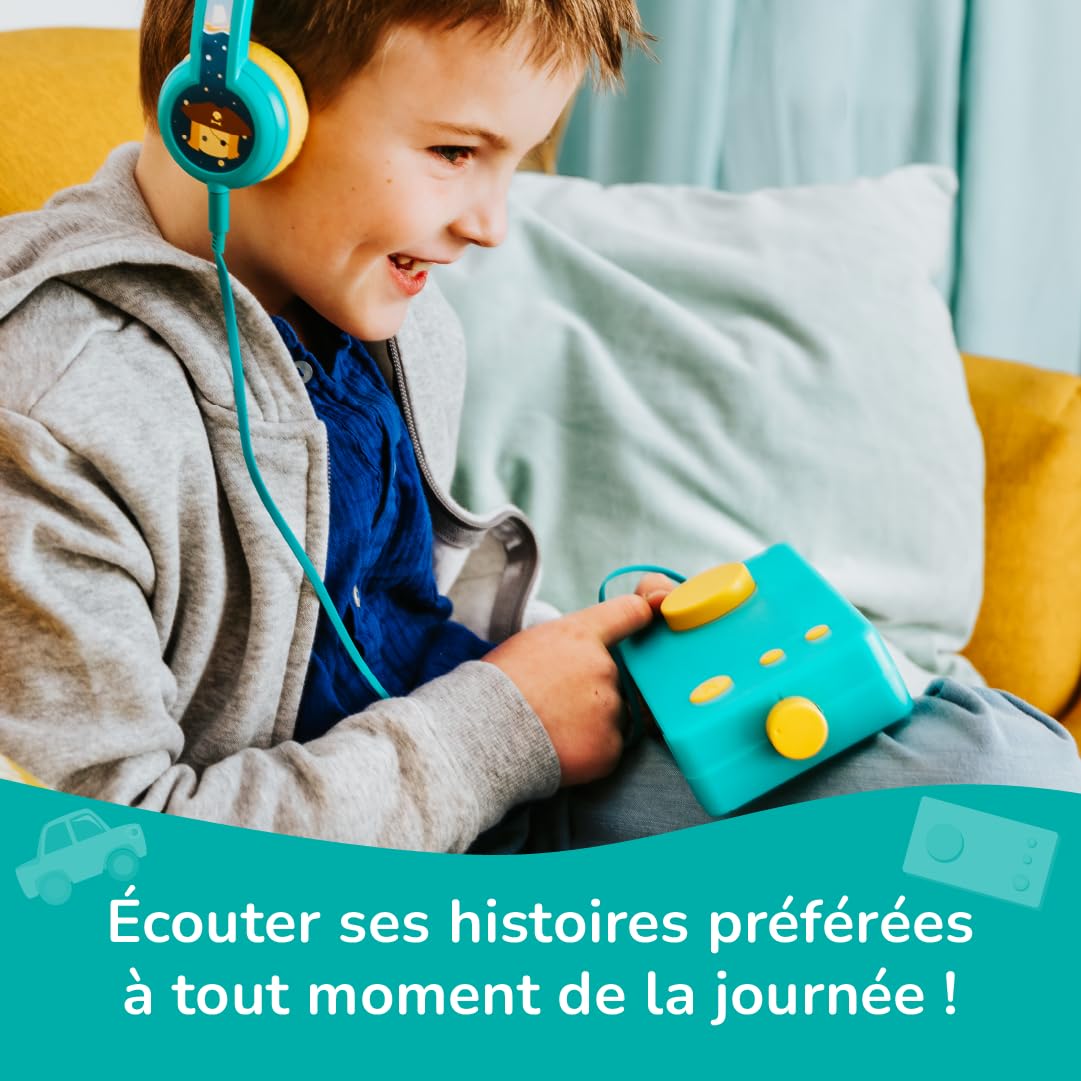 Lunii Travel Pack - Green My Fabulous Factory Storyteller Box with Octave Headphones - Interactive Audio Book for Kids with 24 Stories Included - Perfect for Road Trips & Bedtime Stories