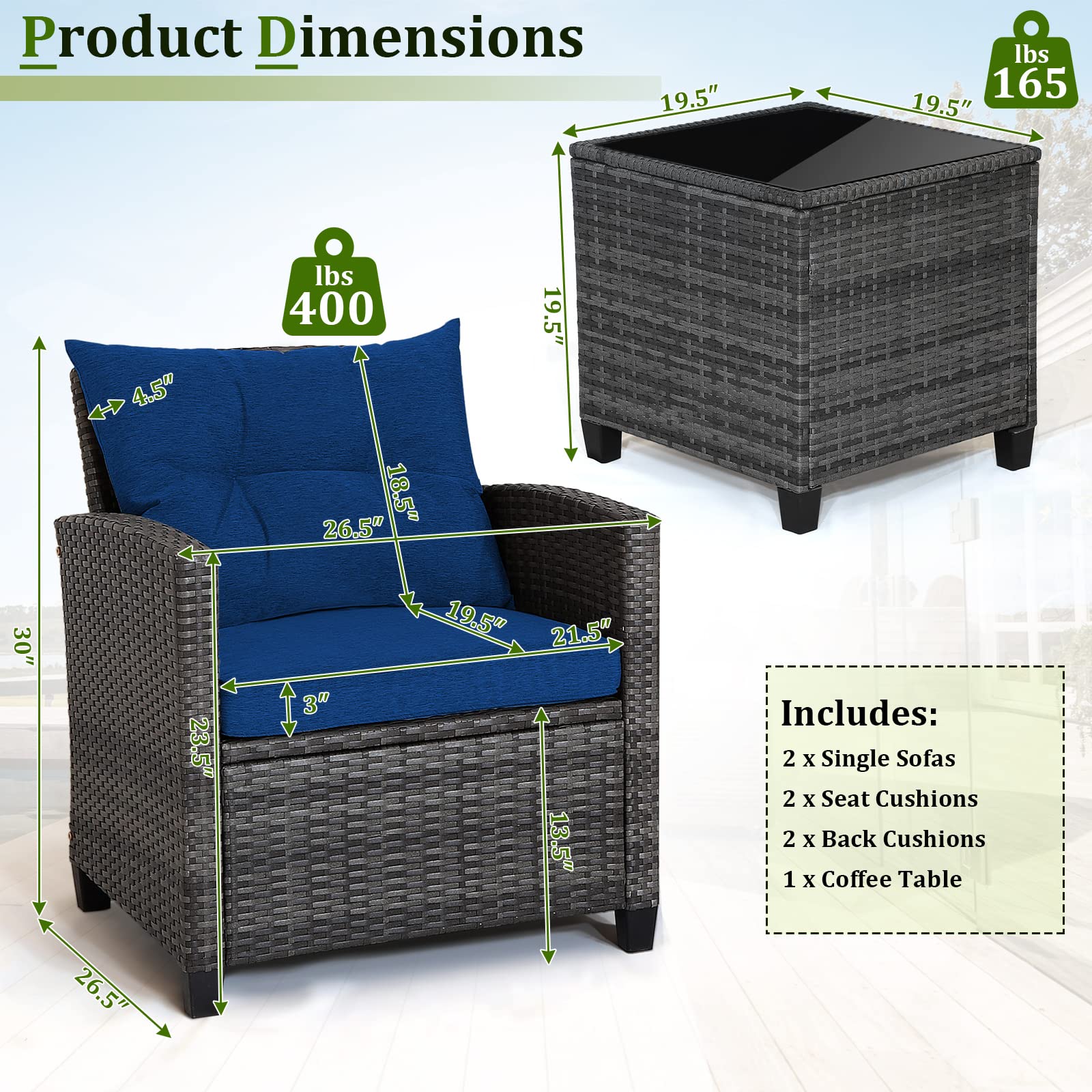 RELAX4LIFE 3-Piece Wicker Patio Furniture Set - Outdoor Rattan Sofa Conversation Set with Tempered Glass Table & Heavy-Duty Steel Frame - Navy Blue Wicker Chair Set for Poolside, Backyard, Garden, Patio & Outdoor Relaxation