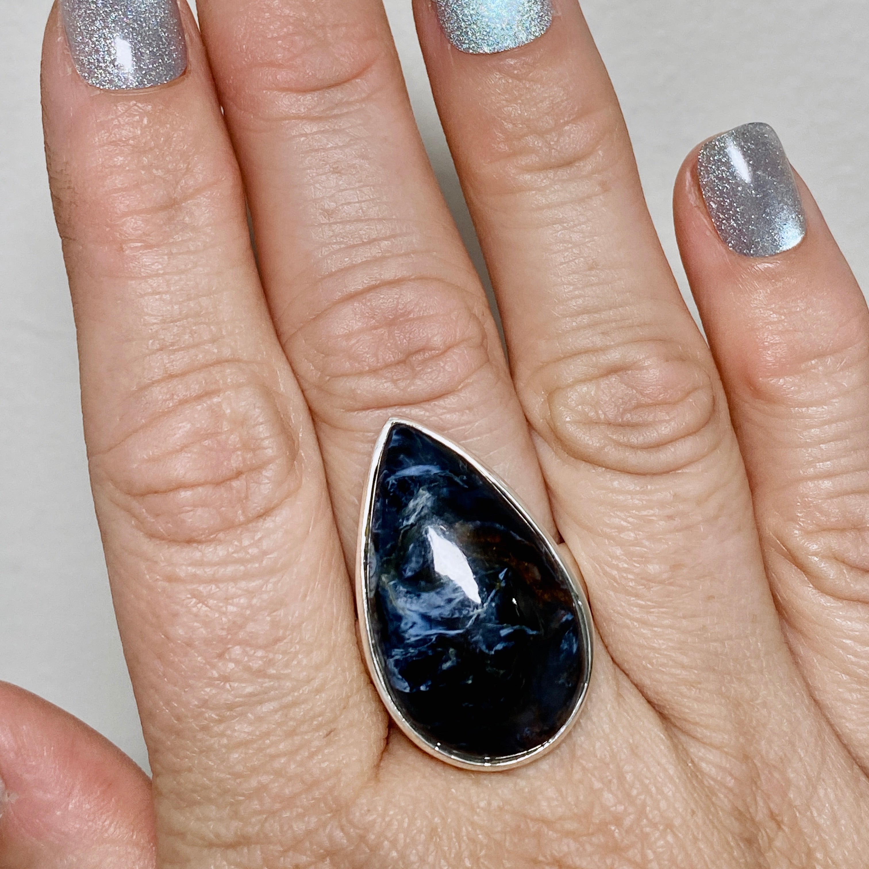 Pietersite Teardrop Cabochon Ring - Size 9.5 Sterling Silver Handmade Jewelry for Women - Perfect for Boho Fashion, Gift Giving & Special Occasions