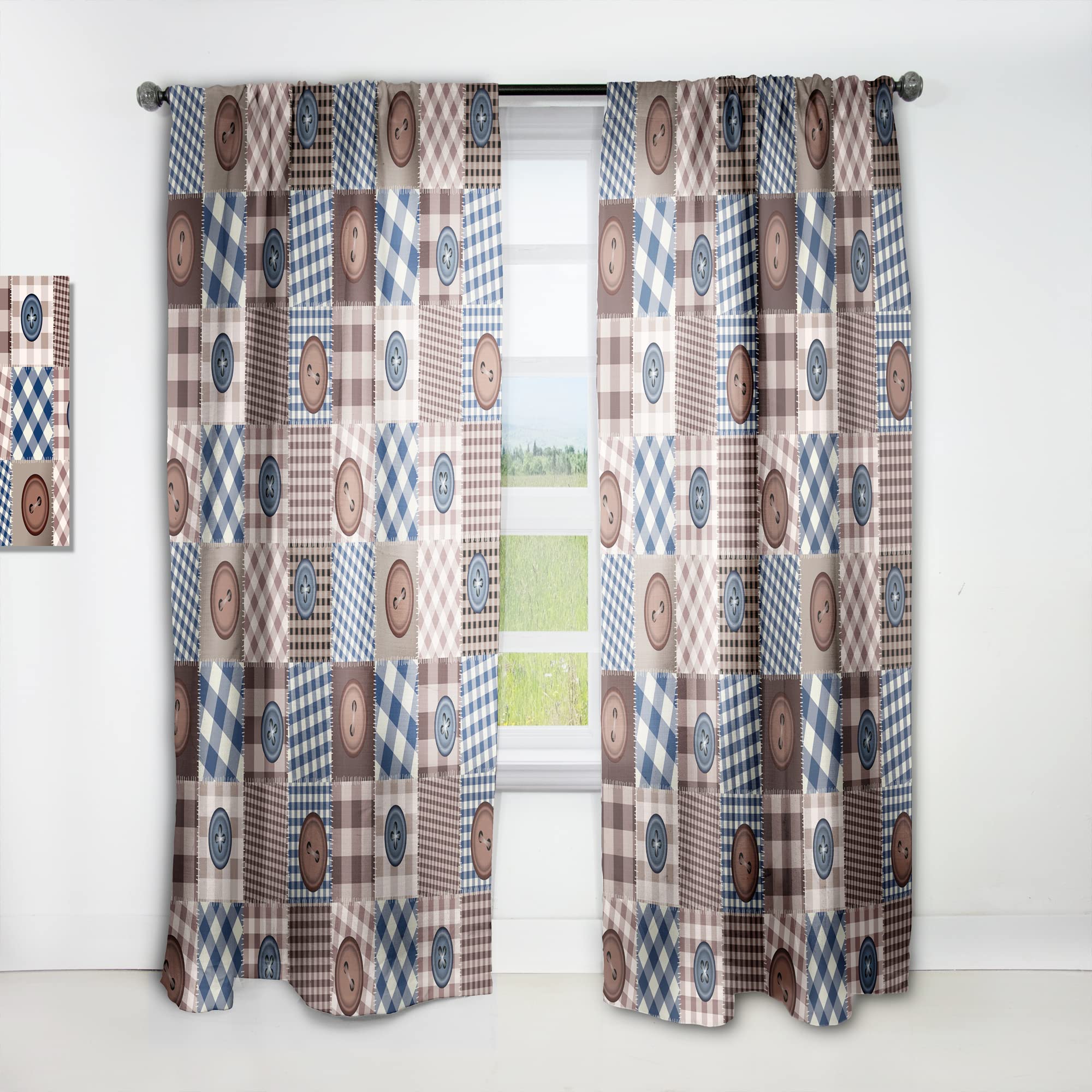 DesignQ Thermal Insulated Patchwork Curtains with Buttons - 52x84 Inch Single Panel for Bedroom & Living Room - Energy Saving Blackout Drapes for Home Decor