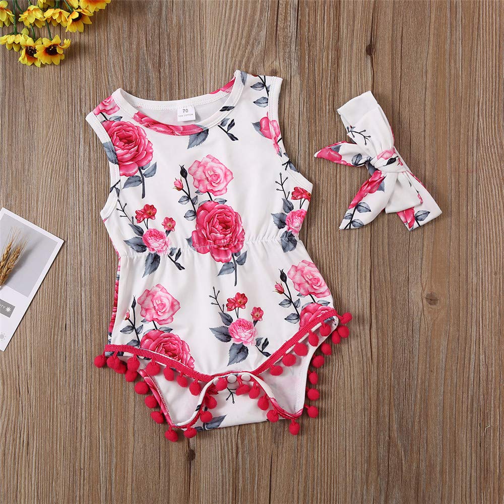 Newborn Baby Girl Summer Floral Romper Outfit - Sleeveless Jumpsuit with Tassel & Headband - Perfect for Photoshoots, Parties & Daily Wear