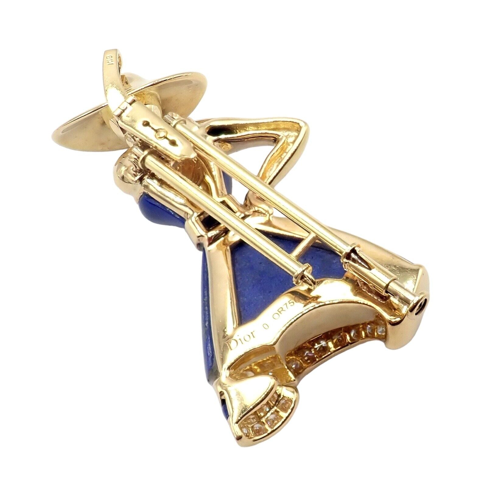 Authentic Christian Dior 18k Yellow Gold Diamond Lapis Lady Dior Brooch Pendant - Luxury Jewelry for Women, Perfect for Parties, Weddings & Special Occasions