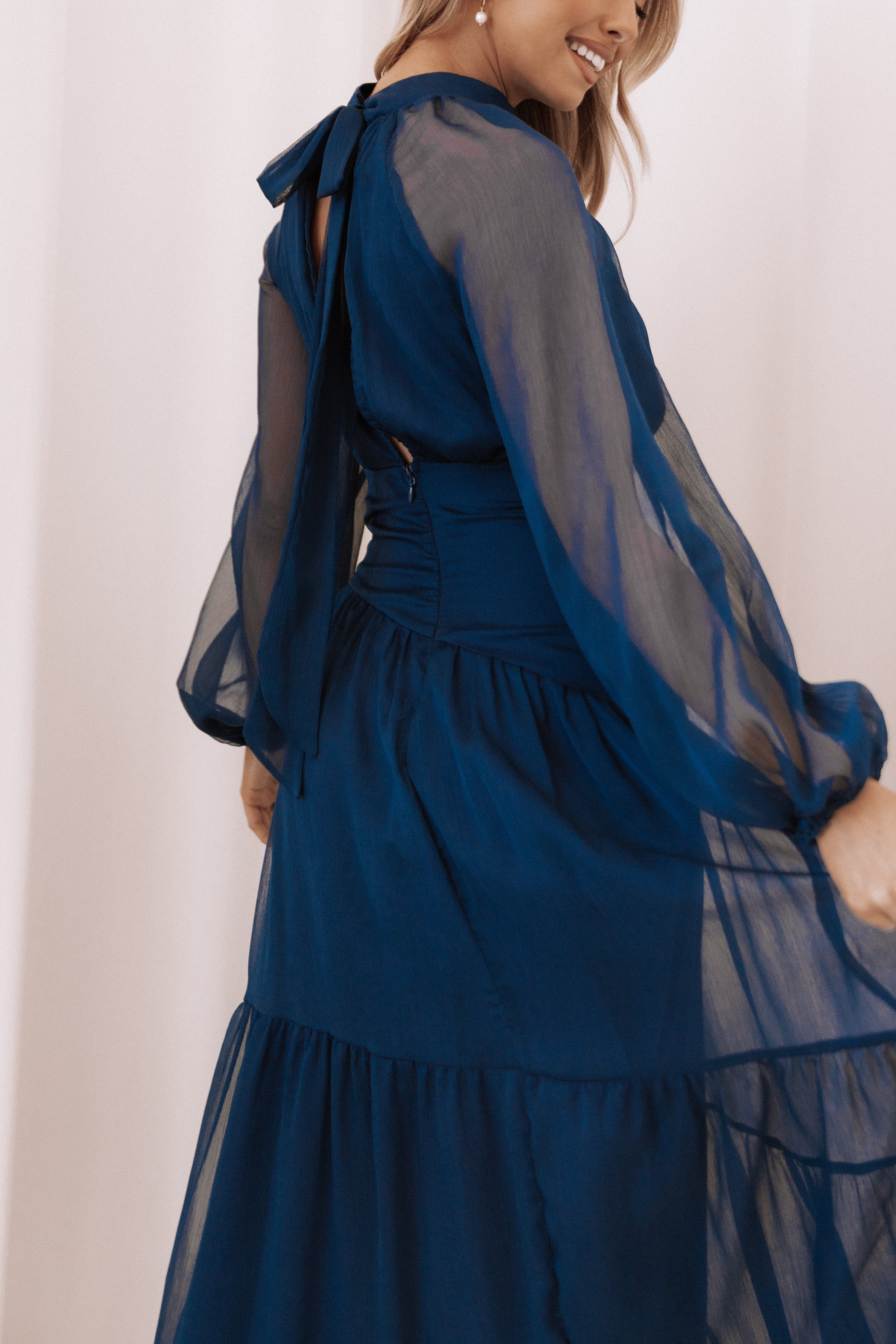 Julip Sheer Long Sleeve Maxi Dress for Women - Navy Blue Flowy Beach Cover Up, Elegant Evening Gown & Summer Boho Dress for Vacations, Weddings & Date Nights