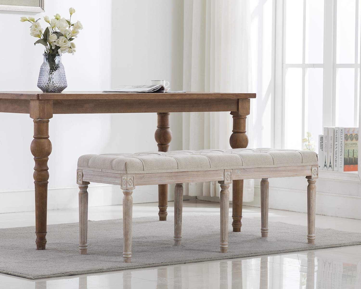 Kmax Upholstered Dining Room Bench - Rustic Living Room Ottoman with Carved Pattern & White Brushed Rubber Wood Legs, Beige - Perfect for Farmhouse Dining Sets, Entryway Seating or Bedroom Decor