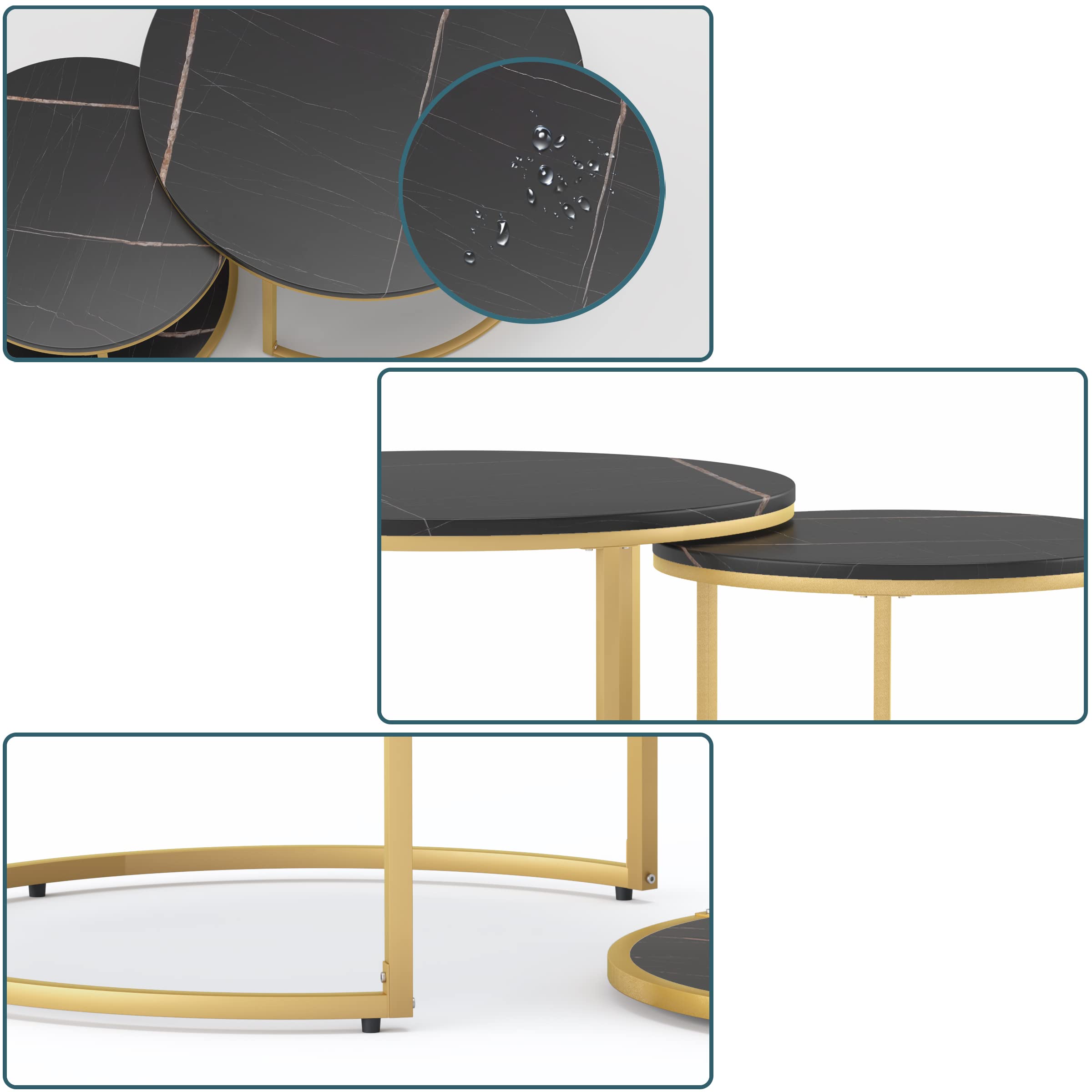 Modern Round Nesting Coffee Table Set of 2 - 34 Inch Wooden Circle Accent Tables with Gold Metal Frame for Living Room, Balcony & Office - Easy Assembly Black & Black - Perfect for Small Spaces, Home Decor & Coffee Time