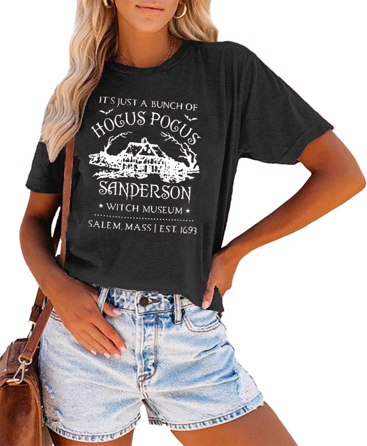 Halloween T-Shirts for Women - Sanderson Witch Museum Graphic Tee | It's Just A Bunch of Hocus Pocus T-Shirt | Cute Halloween Costume & Casual Wear