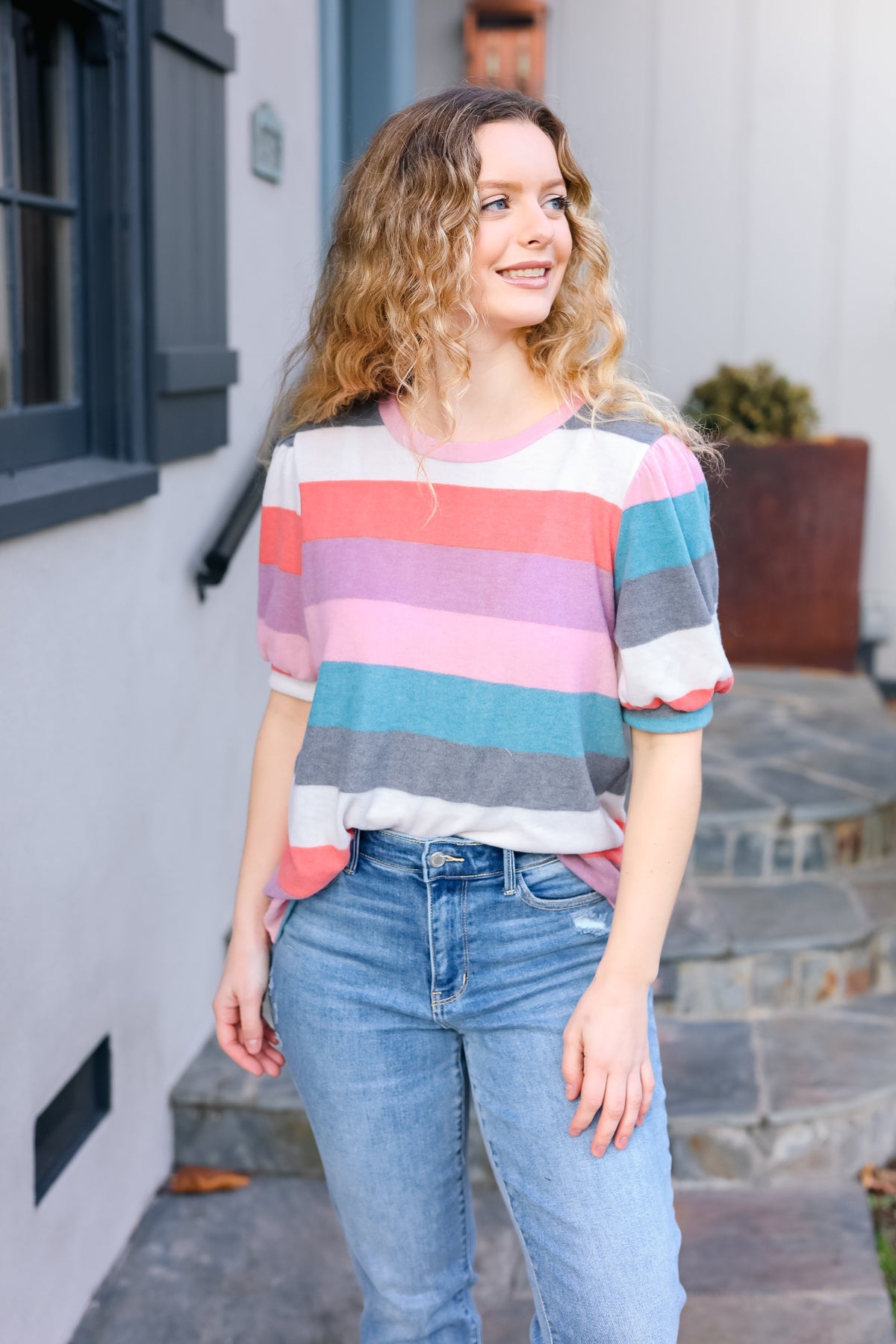 Look Out Teal & Rose Striped Hacci Knit Puff Sleeve Top | Women's Fashion Blouse | Casual & Party Wear | Perfect for Date Nights & Office Outfits
