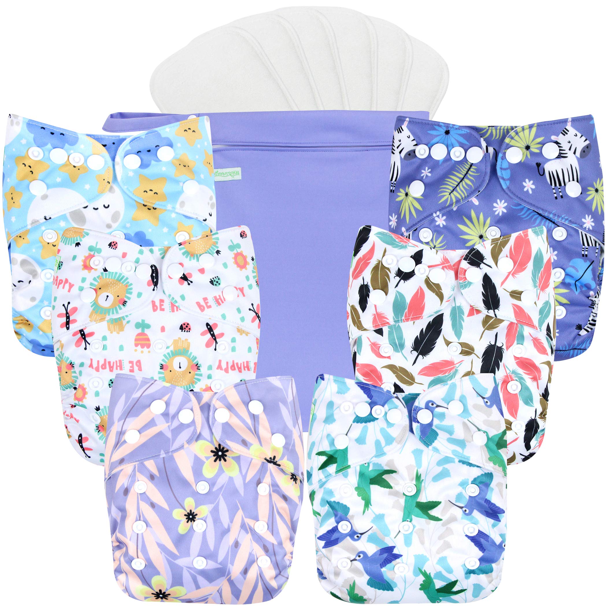 Wegreeco 6-Pack Reusable Cloth Diapers for Babies with 6 Inserts & 1 Wet Bag - Adjustable One Size Washable Eco-Friendly Diapers (Leaves, Animals Print) - Perfect for Daycare, Travel & Eco-Conscious Parenting