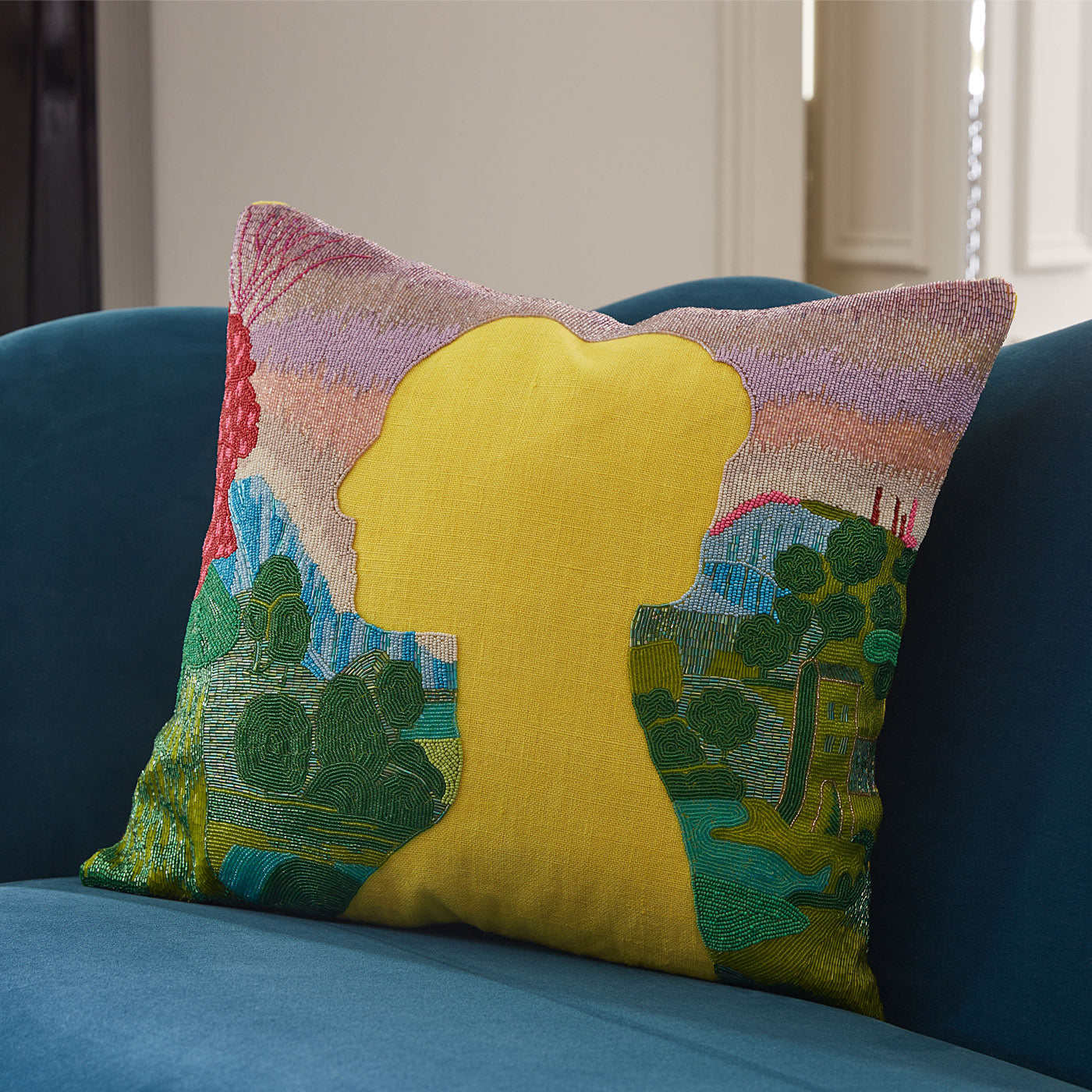 Renaissance Landscape Beaded Pillow - Bohemian Decorative Throw Pillow Cover for Sofa, Bed, Couch - Perfect for Home Decor, Living Room, Bedroom & Dorm