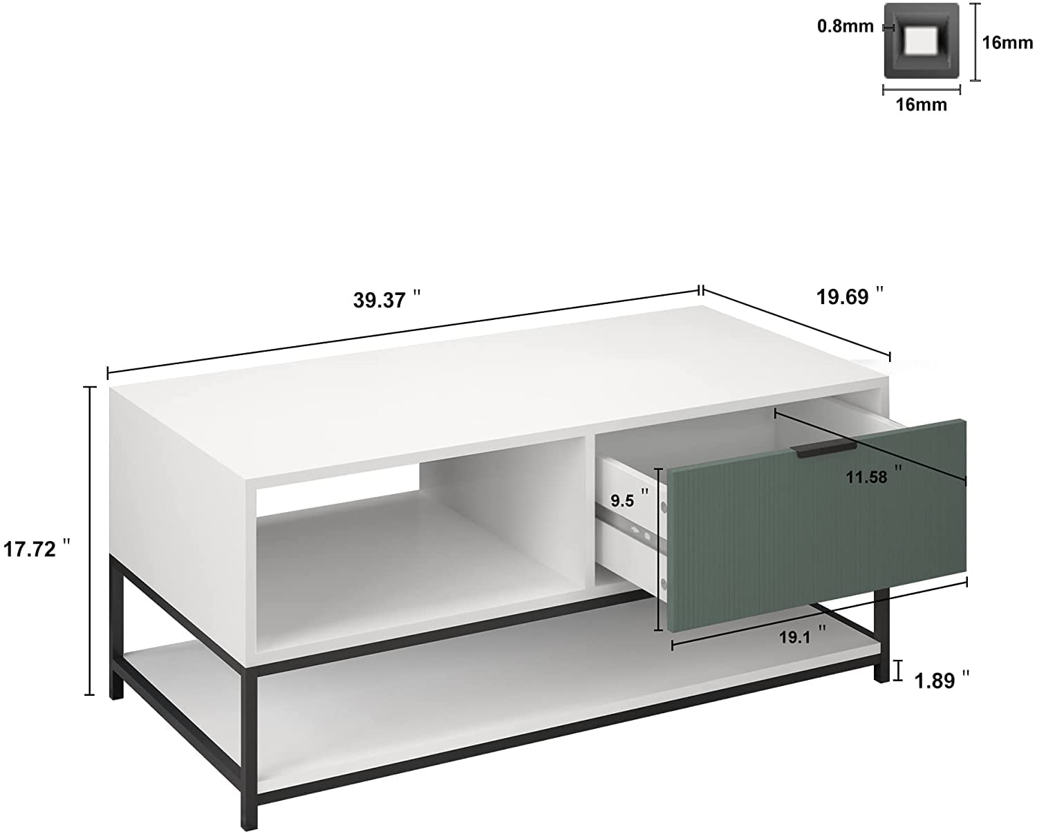 Watson White & Green Wood Coffee Table with Steel Frame, Shelves & Drawer - Modern Living Room Furniture for Small Spaces, Apartments & Home Decor