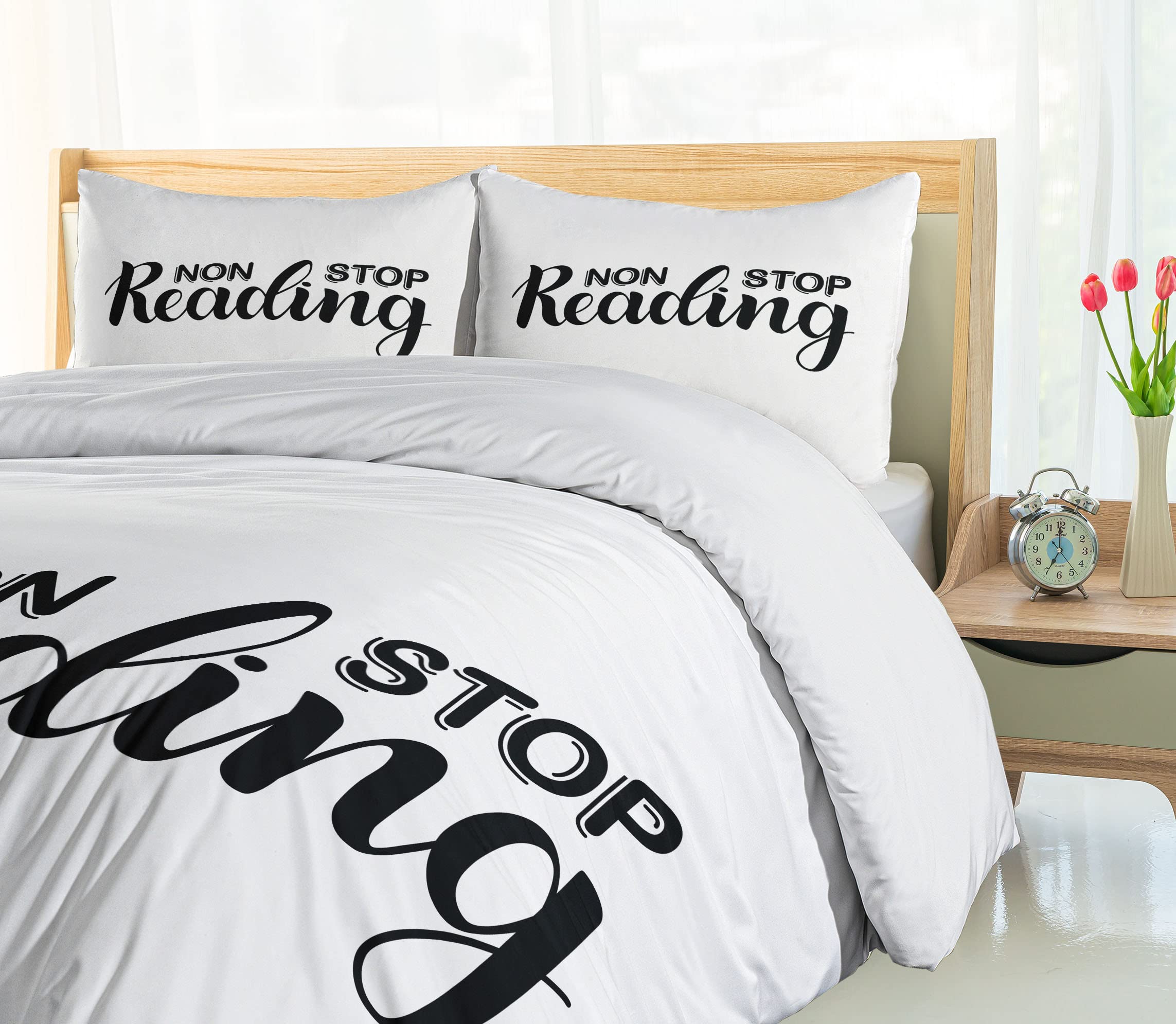 Ambesonne Book Lover Duvet Cover Set - Non Stop Reading Phrase with Hand-Painted Typography on White, 3-Piece King Size Bedding Set with 2 Pillow Shams (Black & White) - Perfect for Bookworms, Reading Nooks & Literary-Themed Bedrooms