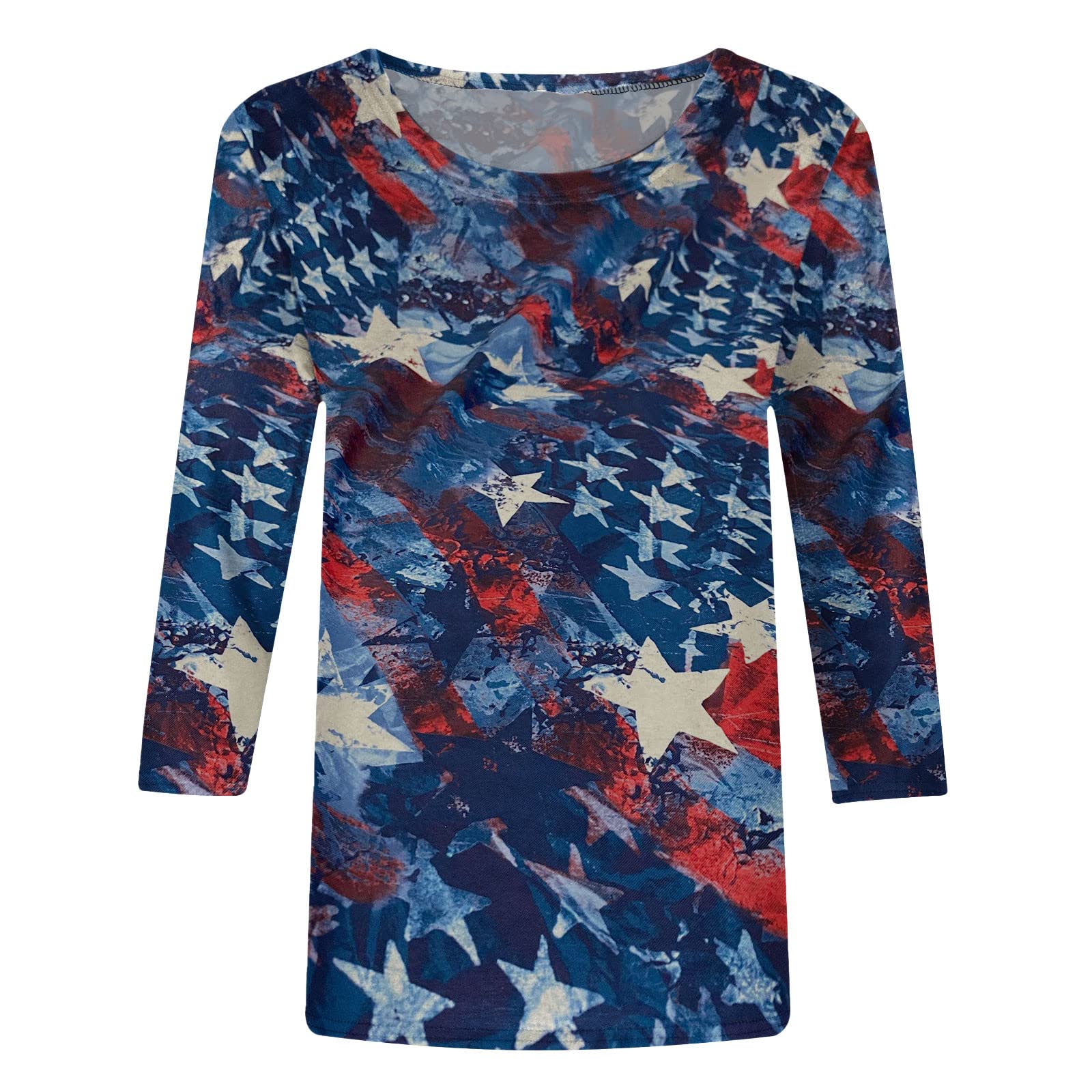 4th of July Women's American Flag Graphic Tee - Patriotic Stars & Stripes USA Shirt with 3/4 Sleeve - Cute Faith-Inspired Top for Independence Day Celebrations, BBQ Parties & Summer Outfits