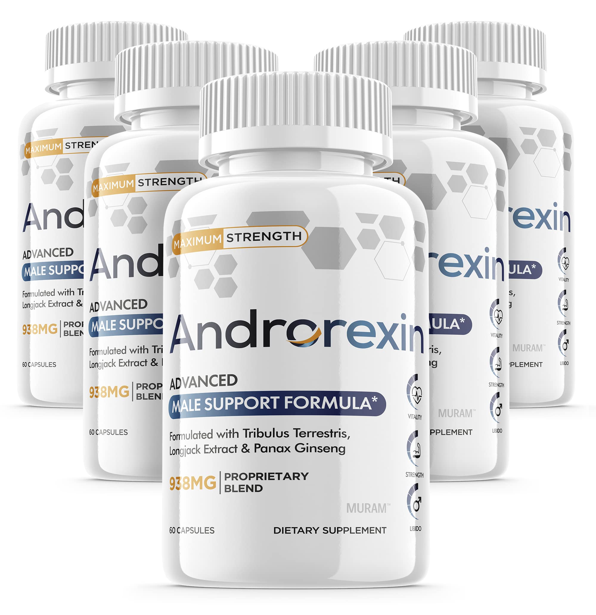 Androrexin Pills for Men - 5 Bottles (300 Capsules) 5 Month Supply - Natural Testosterone Booster & Energy Supplement - Perfect for Gym, Workout & Active Lifestyle
