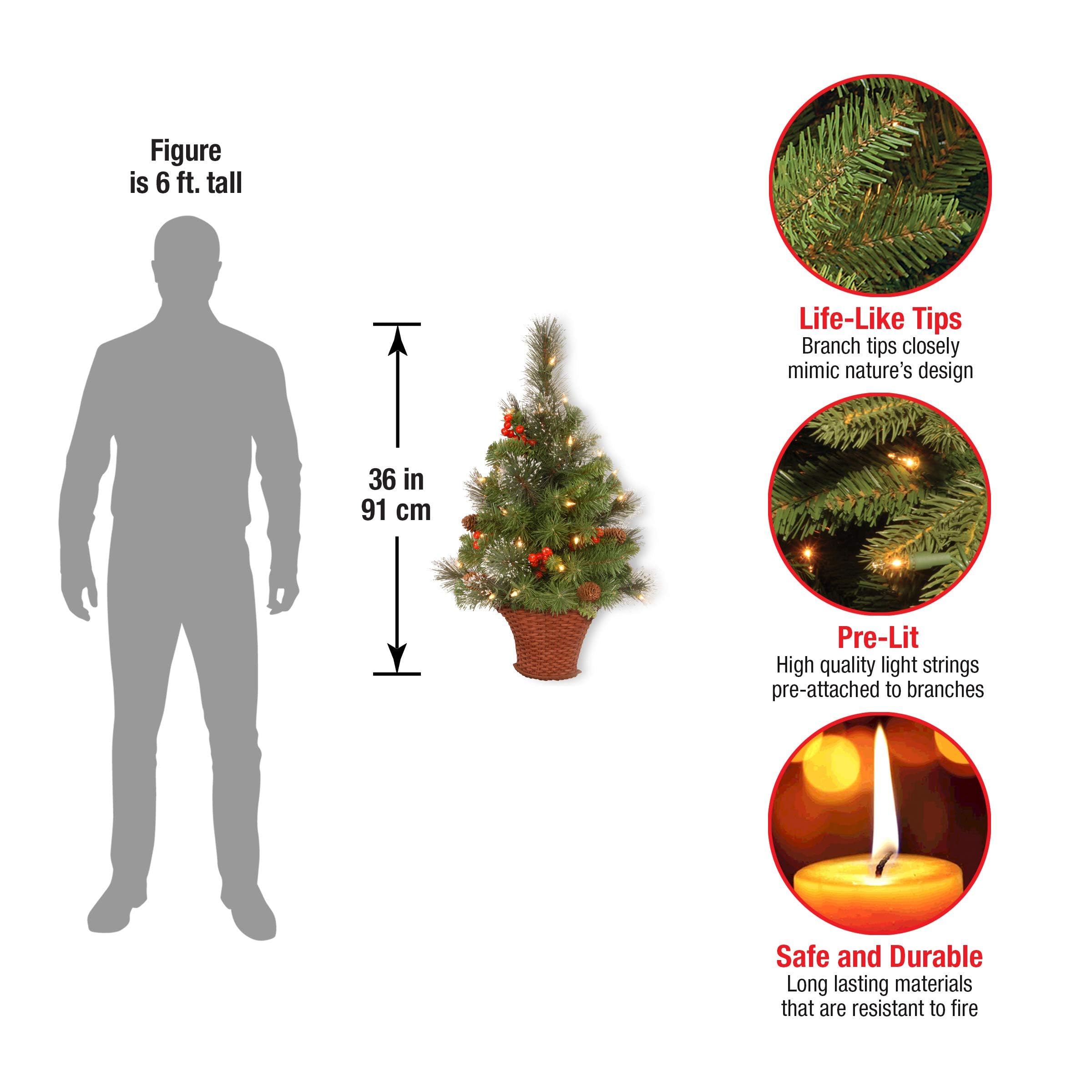 National Tree Company 3ft Pre-Lit Artificial Mini Christmas Tree - Green Crestwood Spruce with White Lights, Pine Cones & Berry Clusters - Frosted Branches & Wicker Base - Perfect for Small Spaces, Office Desk, Bedroom or Holiday Table Centerpiece