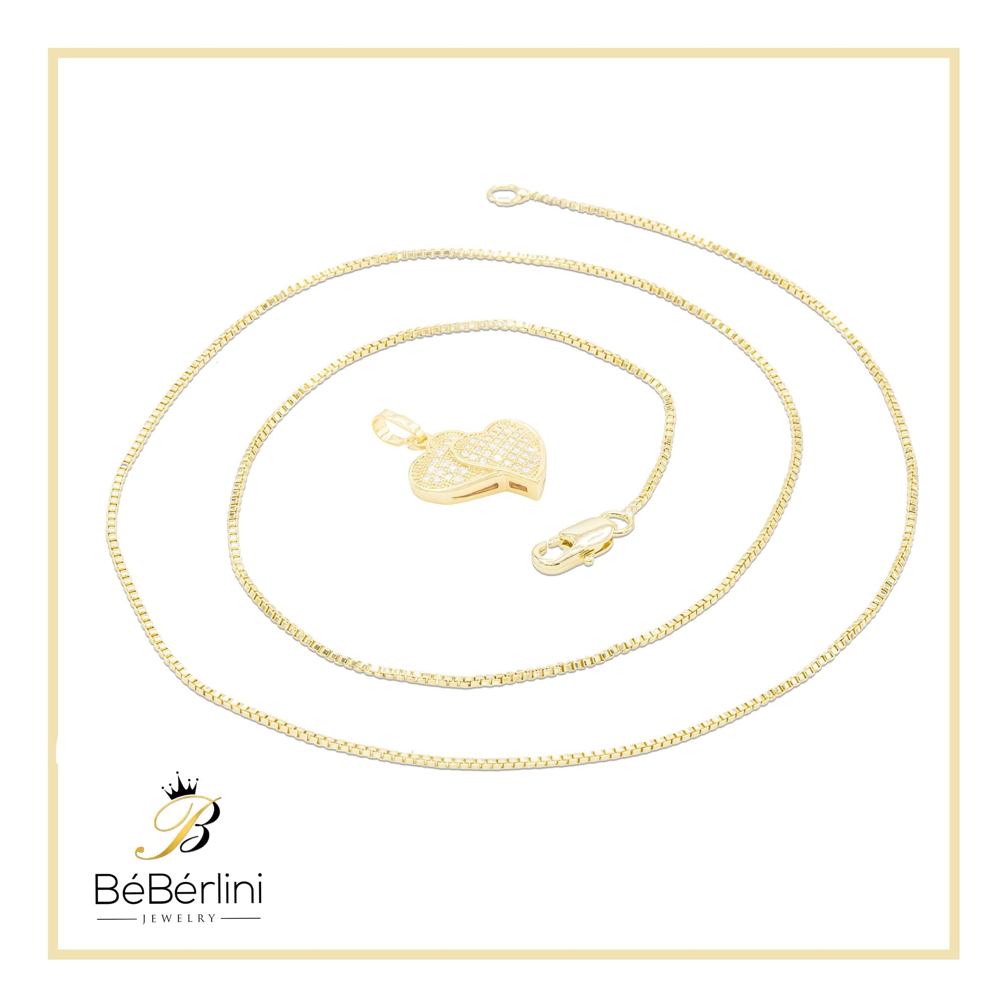 BEBERLINI Heart CZ Charms 14K Gold Filled Box Chain Charm Pendant Necklace Set for Women - 24 Inch Elegant Jewelry Gift for Valentine's Day, Anniversary & Special Occasions