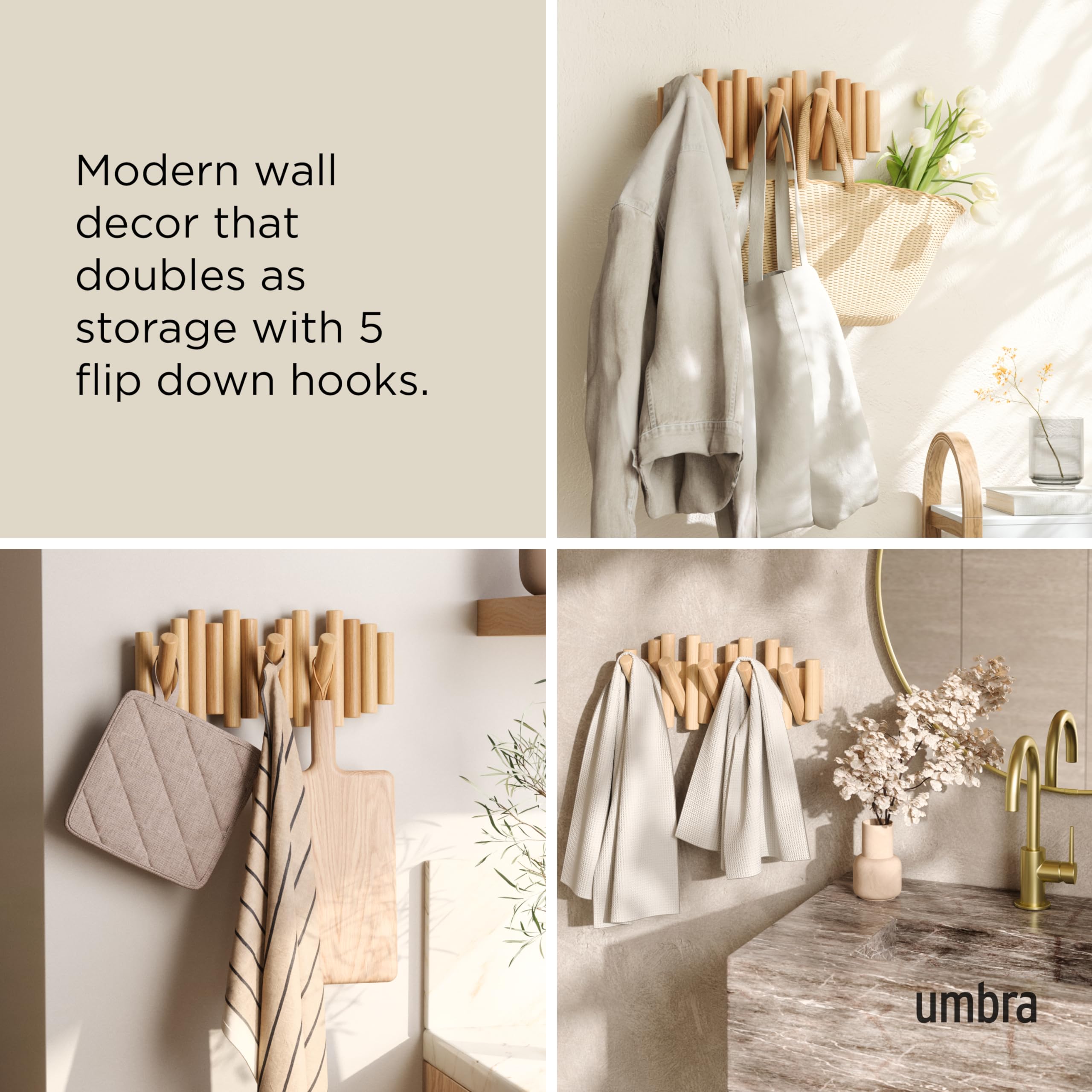 Umbra Picket 5-Hook Wall Mounted Coat Rack - Natural Finish Beveled Pine Wood Dowels - Doubles as Decorative Wall Art - Perfect for Entryway, Bedroom or Bathroom Organization