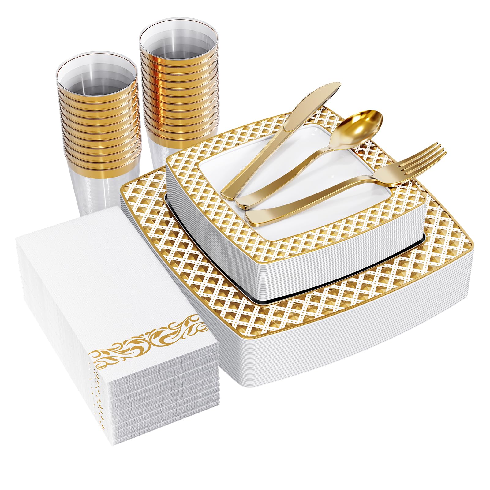 FOCUSLINE 175-Piece Gold Disposable Dinnerware Set for 25 Guests - Elegant Square Plastic Plates with Diamond Design - Includes 25 Dinner Plates, 25 Dessert Plates, 25 Napkins, 25 Cups & 25-Piece Silverware Set - Perfect for Weddings, Parties, Banquets & Special Events