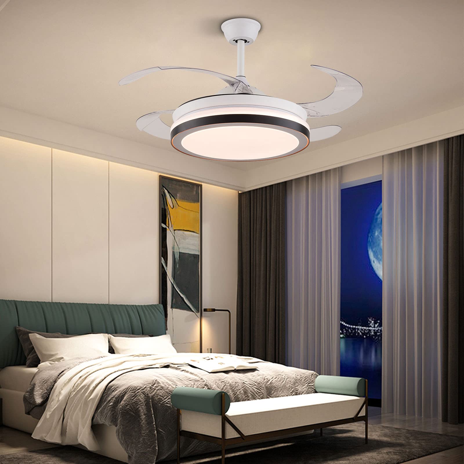 42 Inch Modern White Ceiling Fan with LED Light & Remote Control - 3 Color Changing Lights, Retractable Blades, 4 Leaf Blade Design for Living Room, Bedroom, Office - Energy Efficient Quiet Operation for Home & Commercial Spaces
