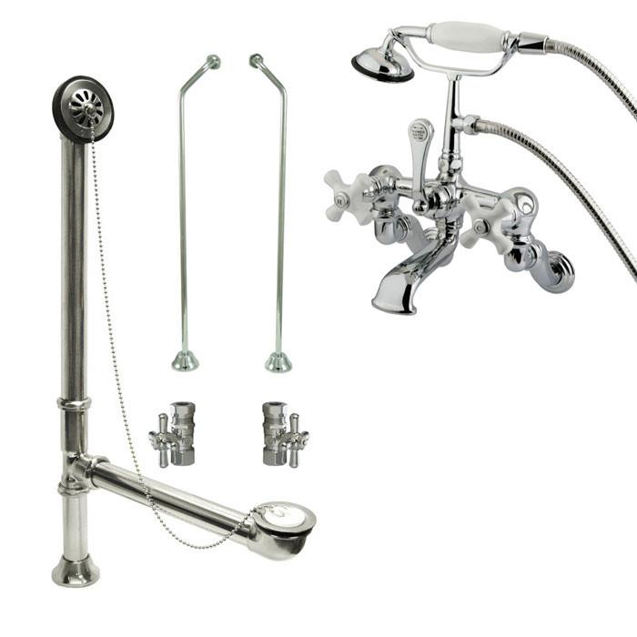 Chrome Wall Mount Clawfoot Bathtub Faucet with Hand Shower and Drain Stops - Vintage Style Bathroom Fixture for Classic Tub Installation - Perfect for Bathroom Renovation and Spa-Like Experience