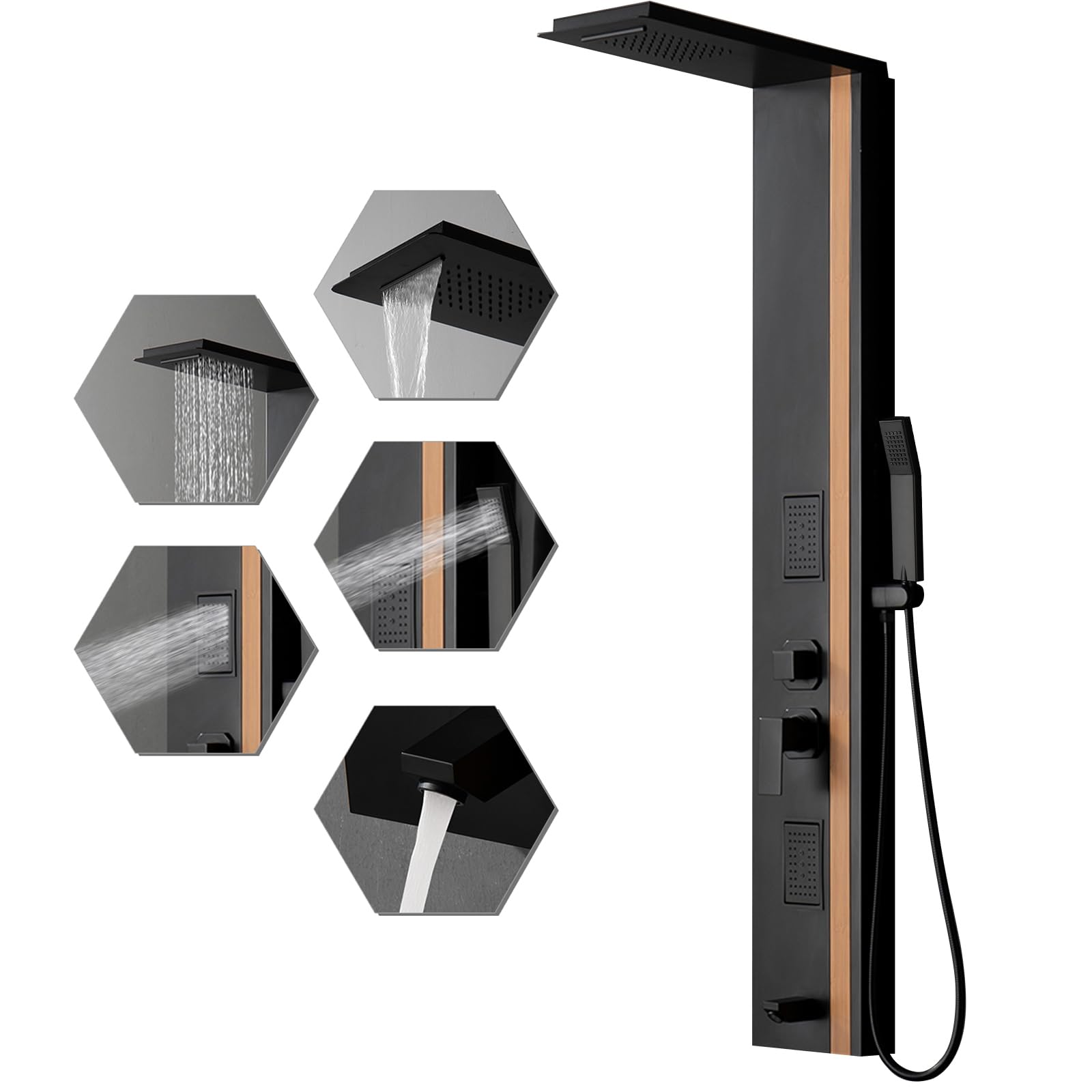 BWE Stainless Steel Shower Tower Panel System - Multi-Function Rainfall Shower Head with Waterfall, Massage Jets & Tub Spout for Luxury Bathroom Upgrade (Black) | Perfect for Spa-Like Experience in Master Bath & Modern Home Renovations