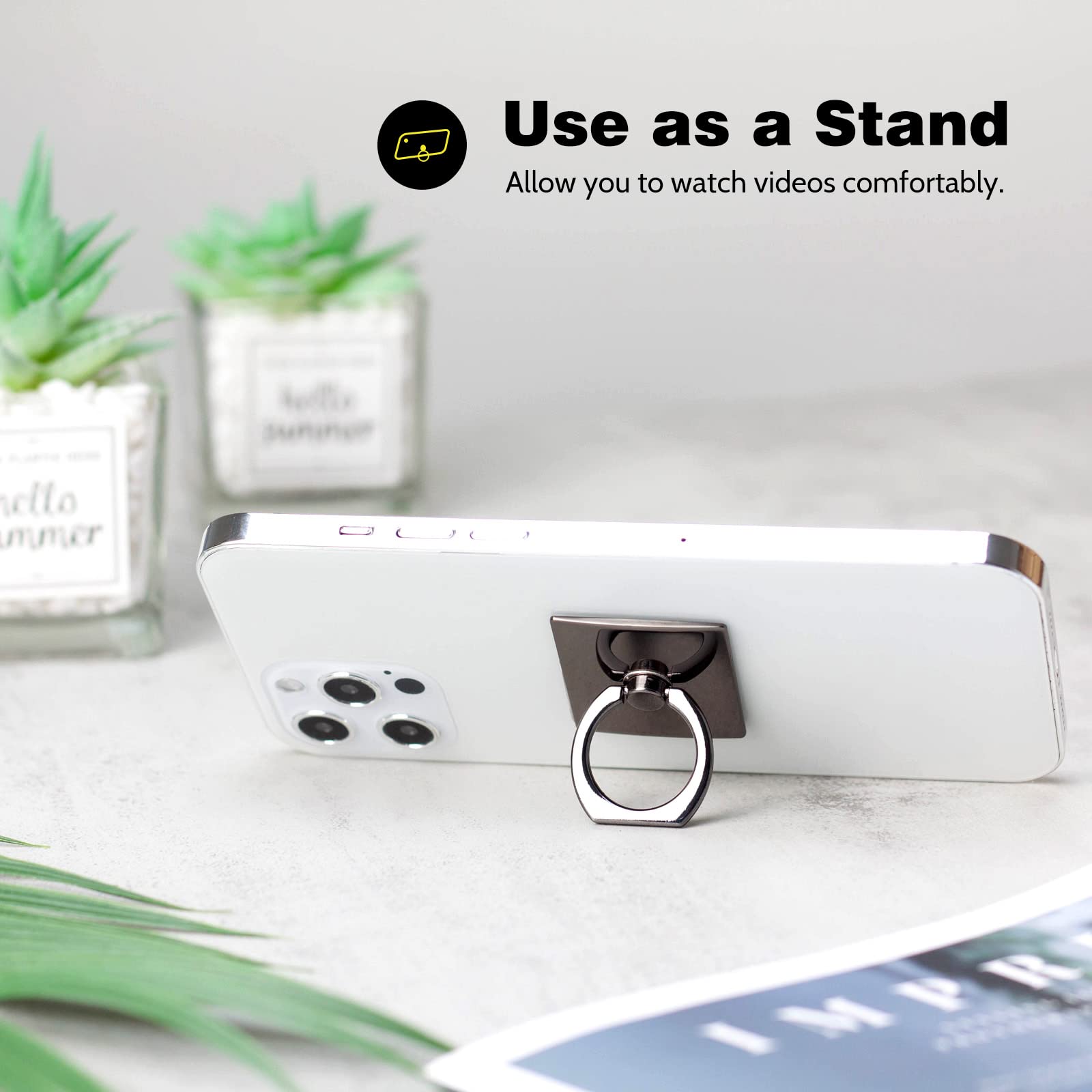 2 Pack Square Sparkling Phone Ring Holder - 360° Rotating & 180° Adjustable Finger Stand with Metal Grip for iPhone Samsung (Black) - Perfect for Watching Videos, Gaming & Secure Phone Handling