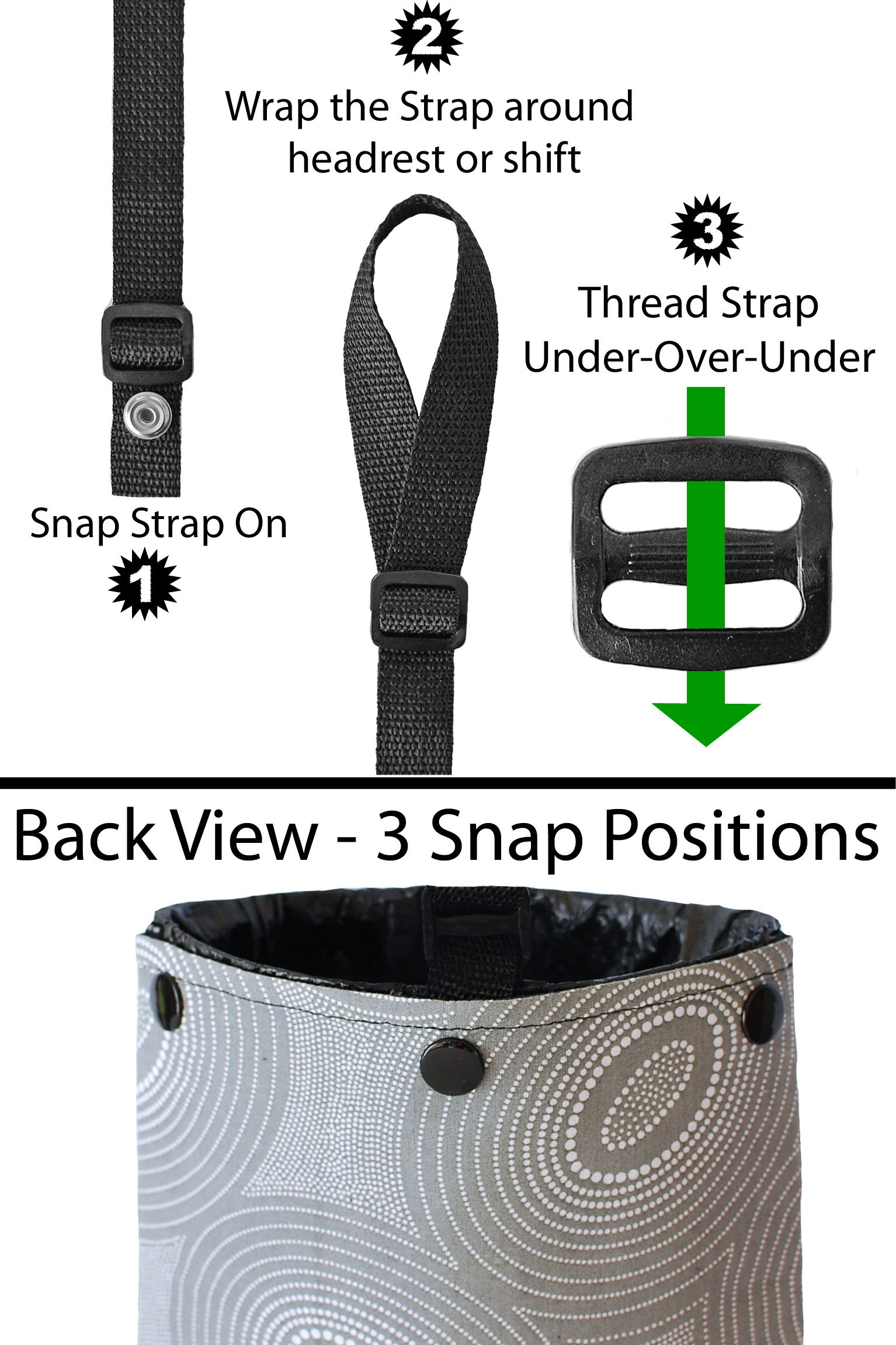 Dark Grey & White Car Trash Bag with Rings by The Mod Mobile - Auto Litter Garbage Can for Vehicles | Perfect for Road Trips, Commuting & Keeping Your Car Clean