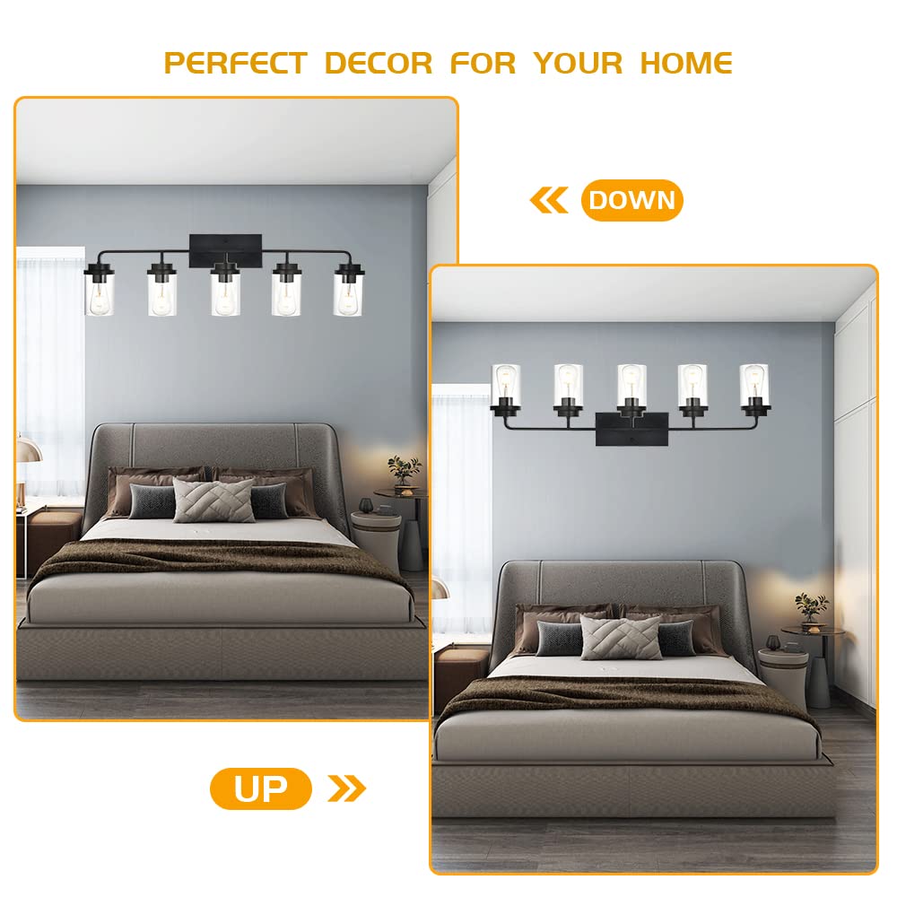 BONLICHT 5-Light Matte Black Bathroom Vanity Light with Clear Glass - Modern Wall Sconce Lighting Fixture for Bathroom Mirror, Farmhouse Dining Room, Foyer & Vanity Table - Waterproof & Dimmable for Home Decor