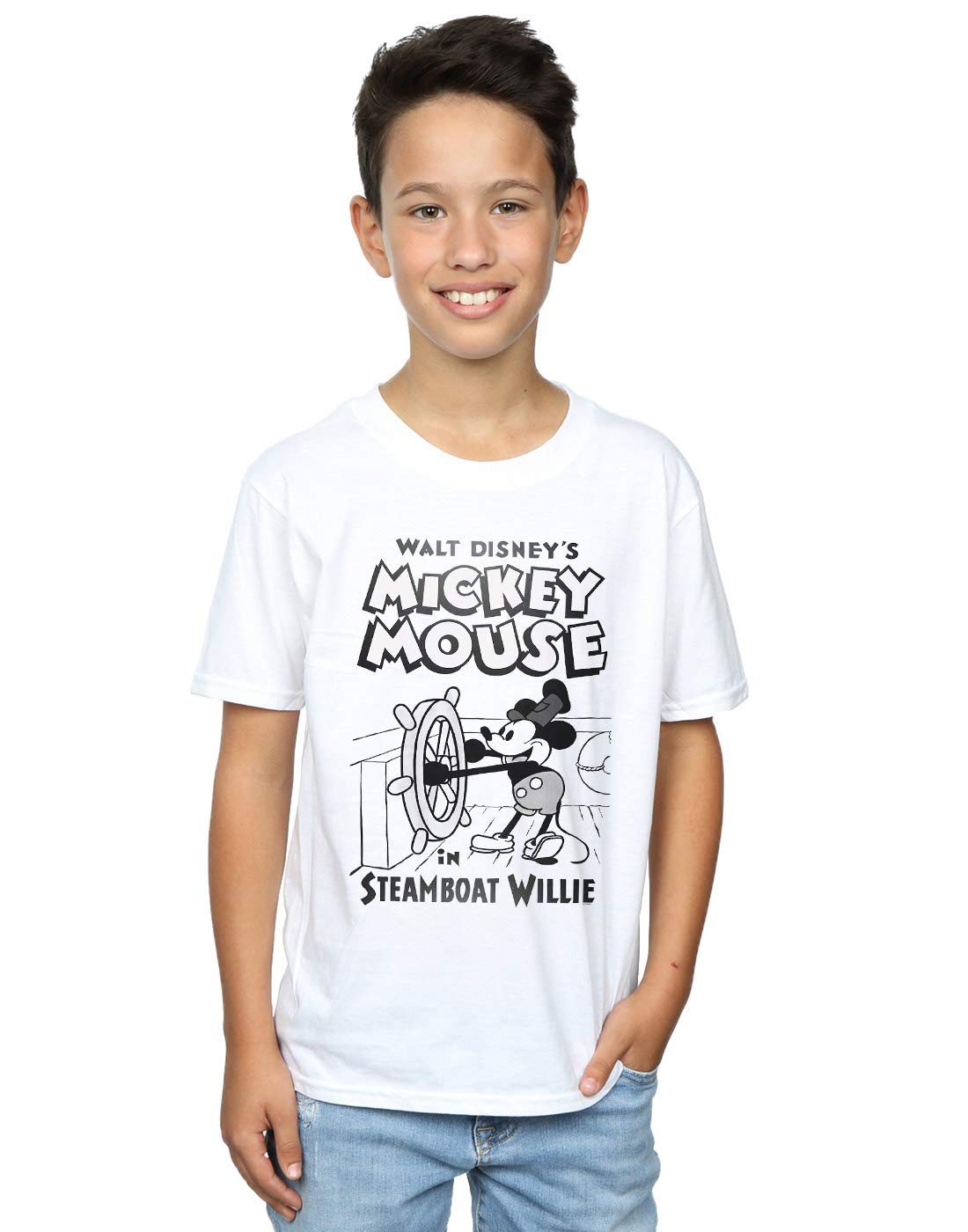 Disney Mickey Mouse Steamboat Willie Graphic T-Shirt for Boys - White Cotton Tee (Size 9-11 Years) | Cute Cartoon Outfit for School, Playdates & Family Trips