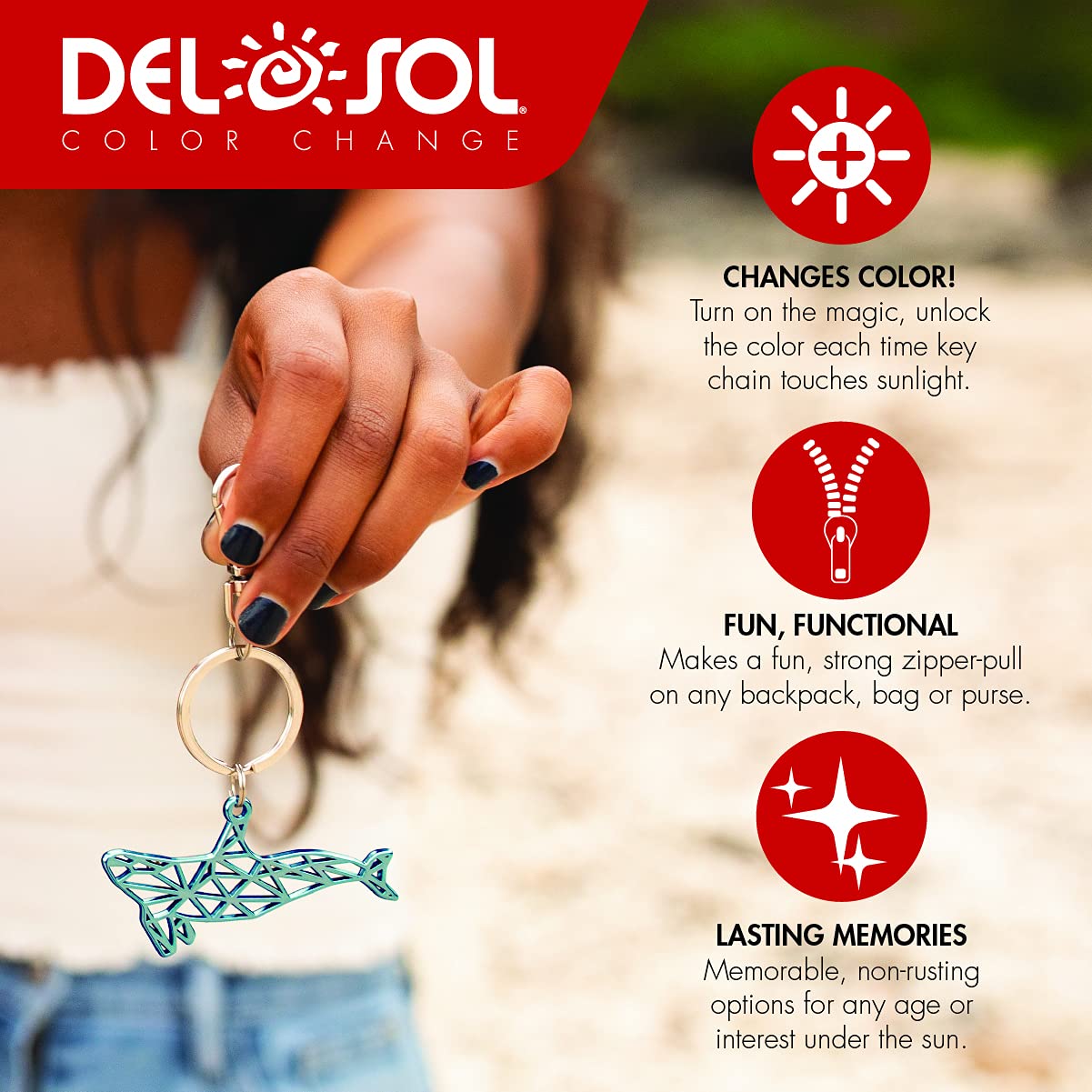 Del Sol Color-Changing Keychain - UV Reactive Sun Activated Zinc Alloy Key Ring - Rust Proof & Durable 2 Inch Wide - Perfect for Outdoor Activities, Beach Trips & Summer Adventures