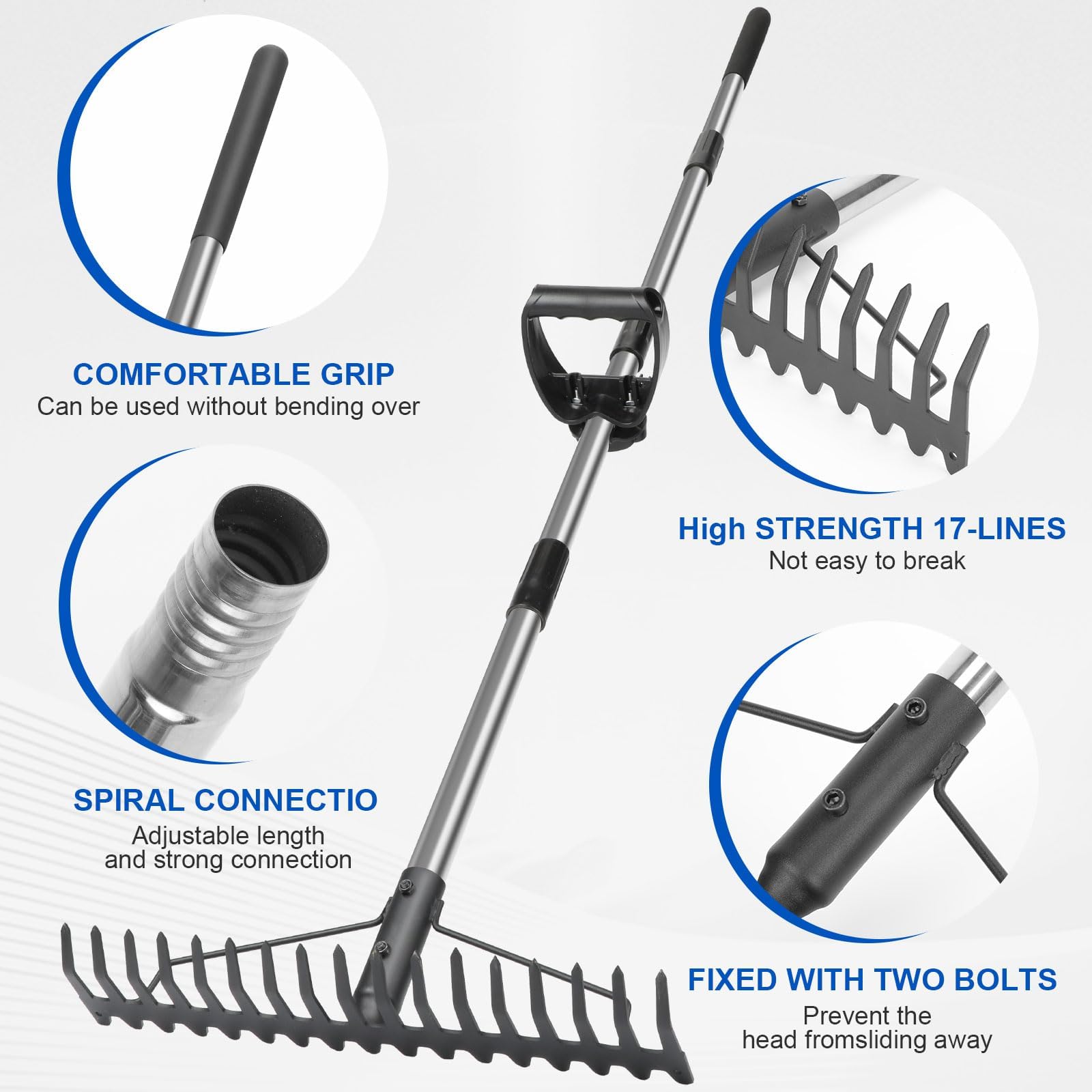 Heavy Duty Bow Rake - 17 Steel Tines Metal Head Garden Rake with Ergonomic Back-Saving Handle for Loosening Soil, Gathering Leaves, Leveling Lawn, and Landscaping - Perfect for Gardening, Farming, and Yard Maintenance