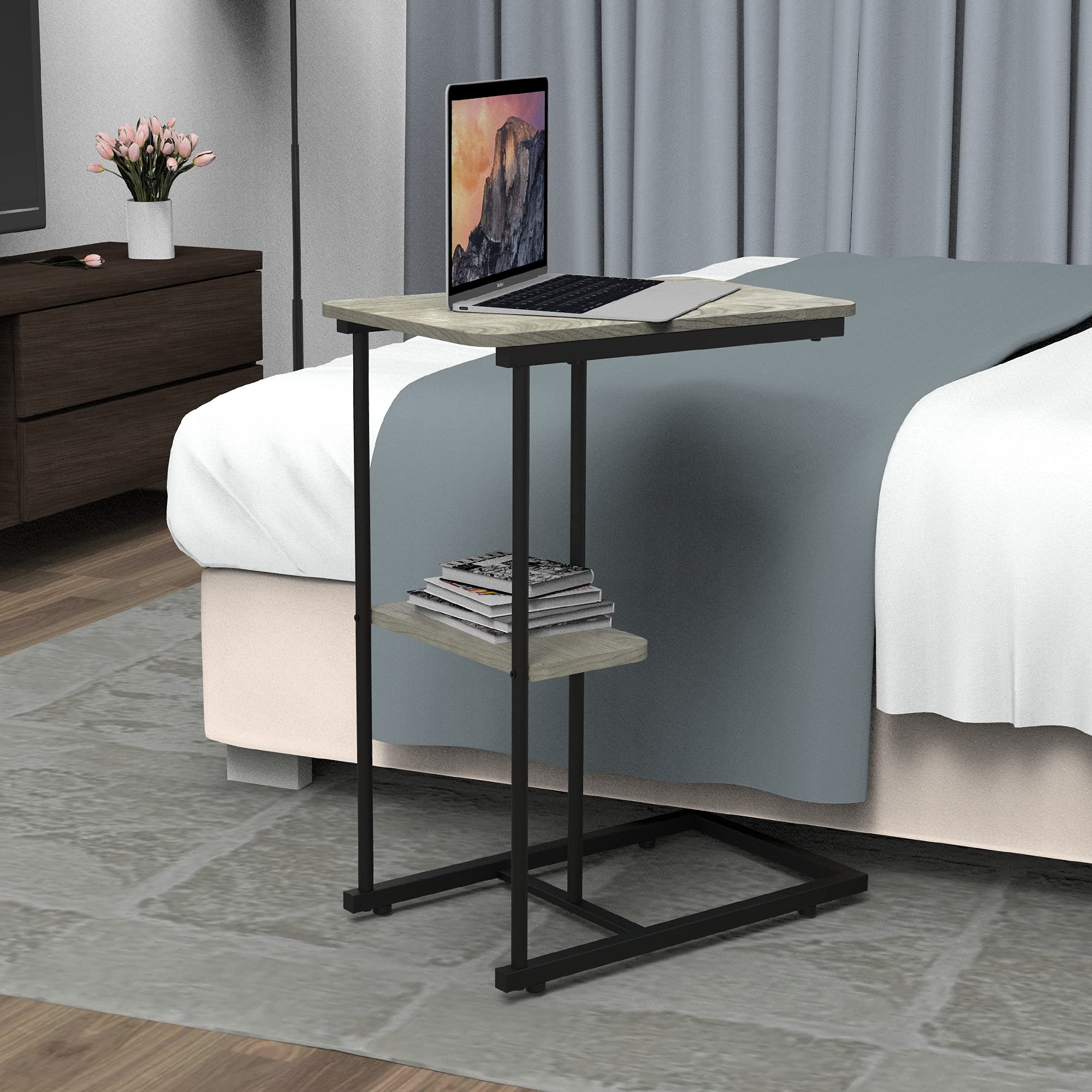Modern Rectangular C-Shaped Side Table with Storage Basket - Portable Metal End Table for Sofa, Bed & Lounge - Grey Laptop Holder & Snack Table for Living Room, Bedroom & Office Use