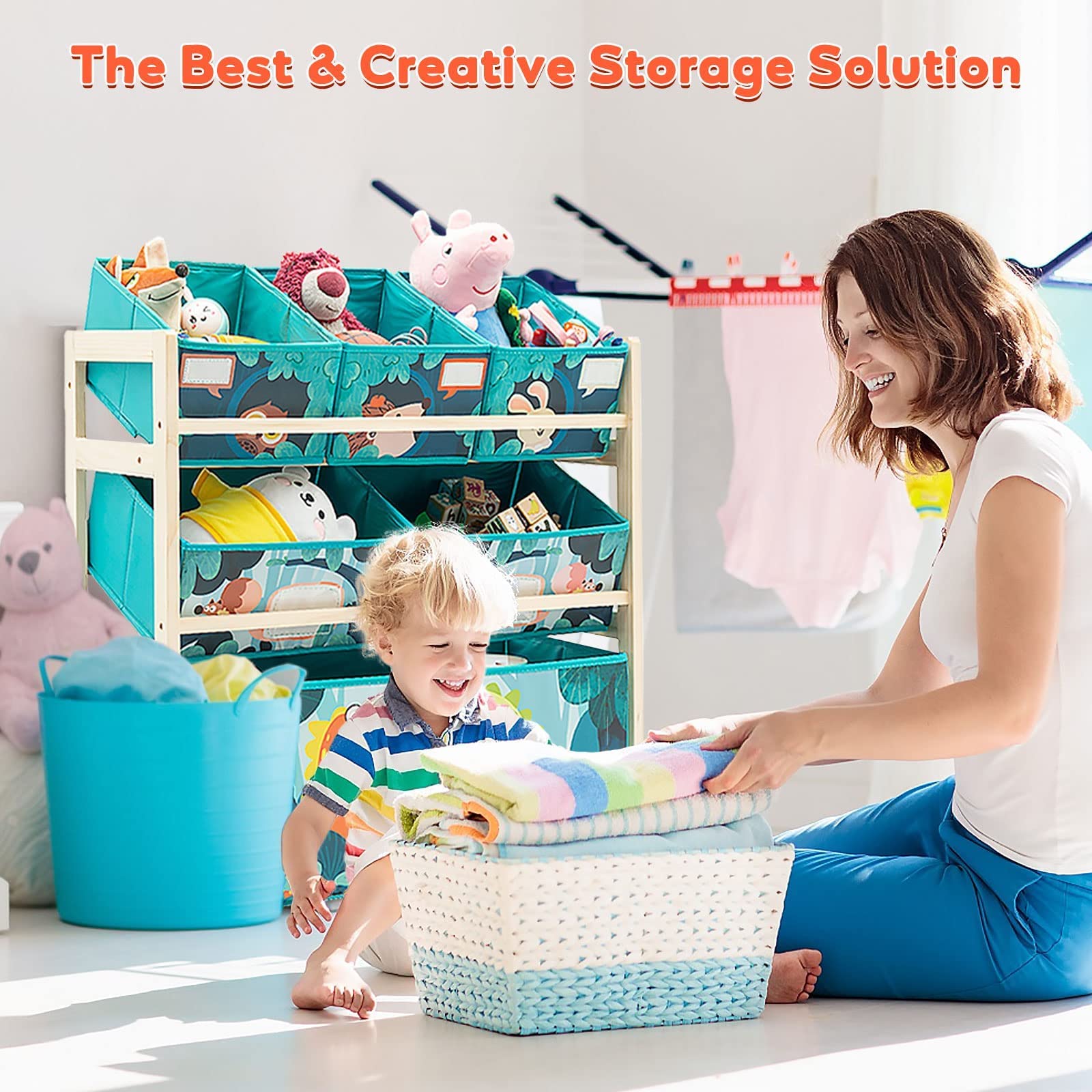3-Tier Wooden Toy Storage Organizer with 6 Fabric Drawers - Kids Bookshelf & Toy Display Stand for Bedroom, Playroom & Nursery - Sturdy Bookcase & Multi-Functional Cabinet for Books, Toys & More