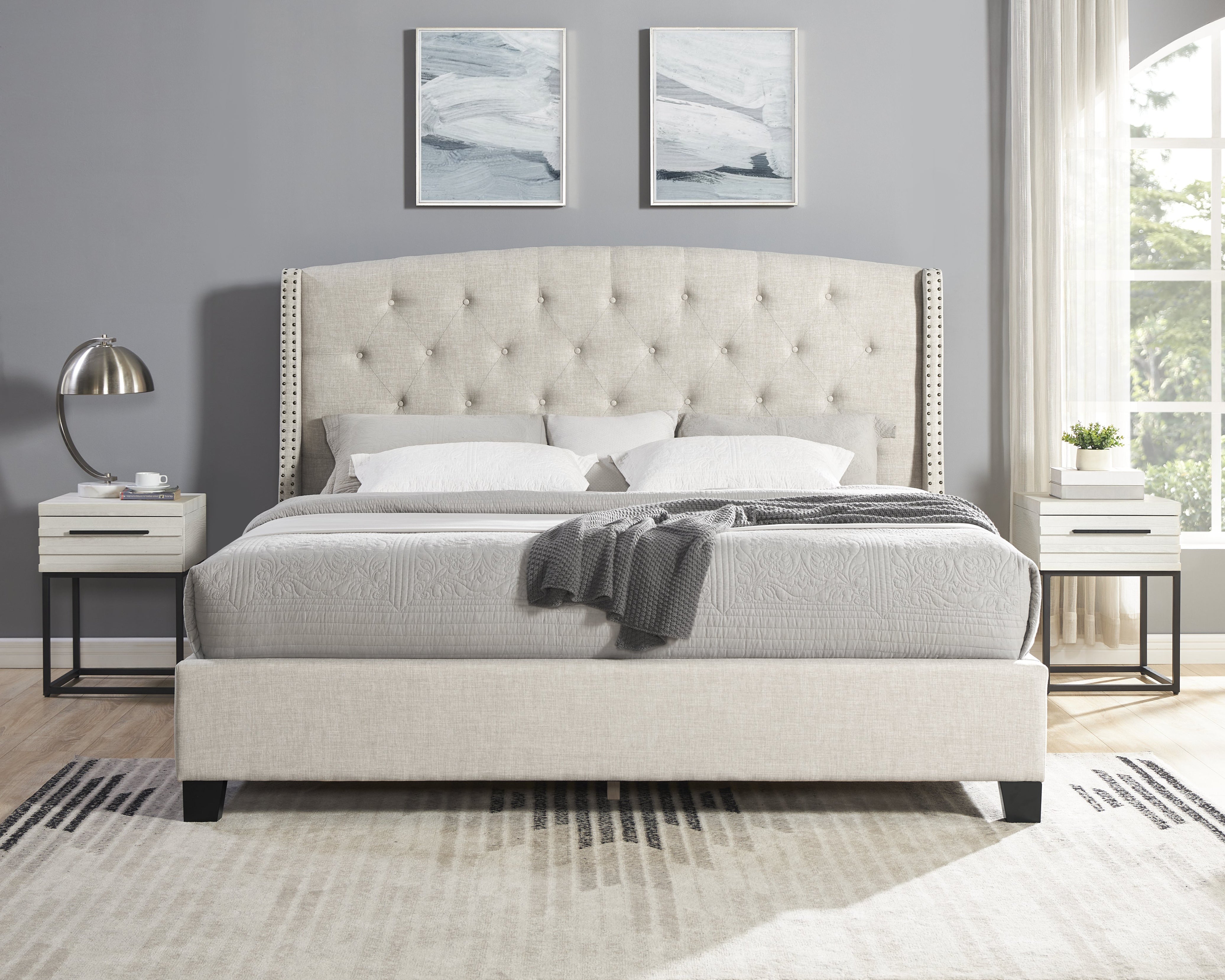 Roundhill Furniture Astral 3-Piece Upholstered Bedroom Set - Tufted Wingback Bed with 2 Nightstands for Master Bedroom & Guest Room Decor