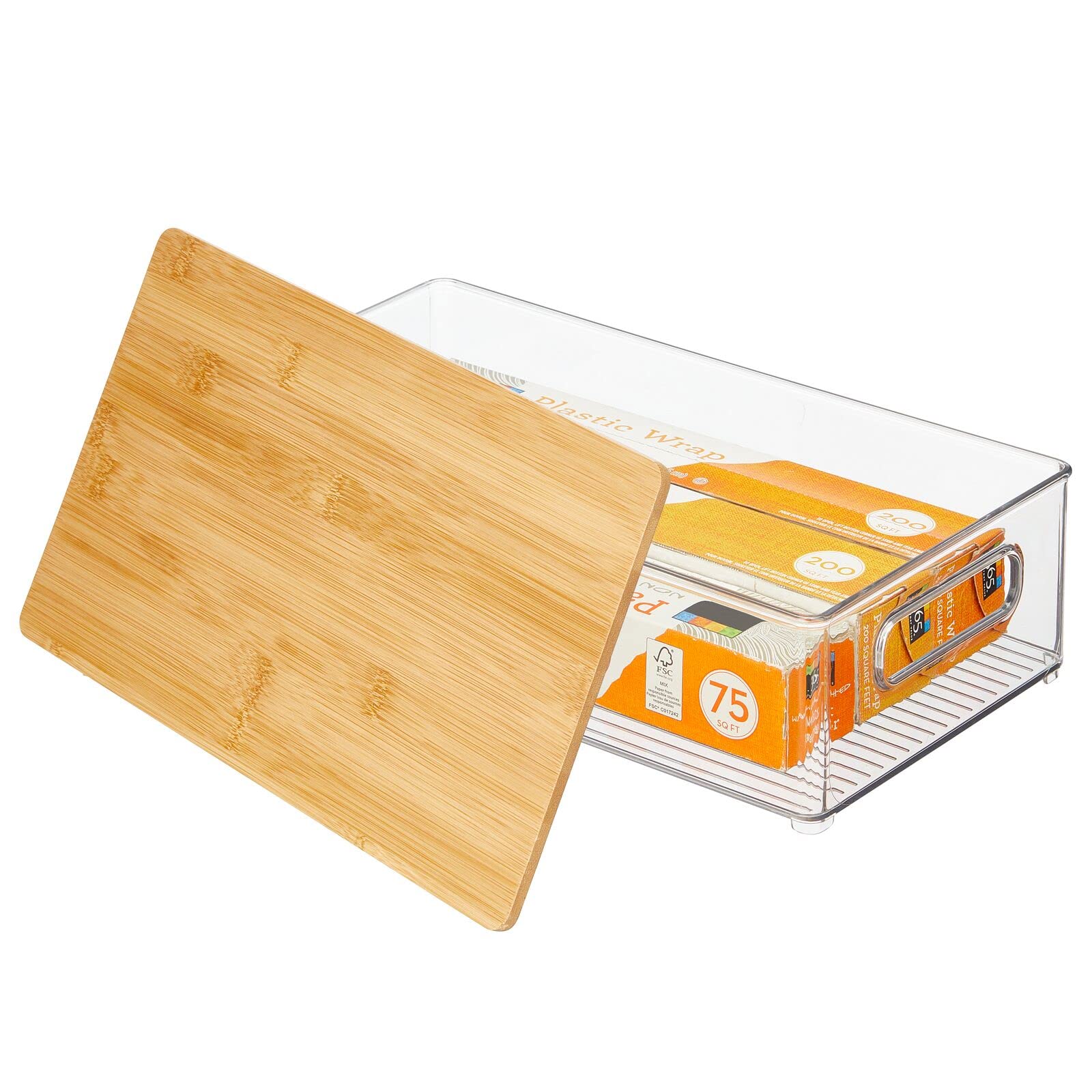 mDesign Plastic Stackable Kitchen Pantry Cabinet Organizer - 8-Pack Clear/Natural Food Storage Bins with Built-In Handles & Bamboo Lids - Perfect for Fruits, Jars, Snacks, Pasta Organization - Ideal for Pantry, Kitchen Countertop, and Cabinet Storage Solutions