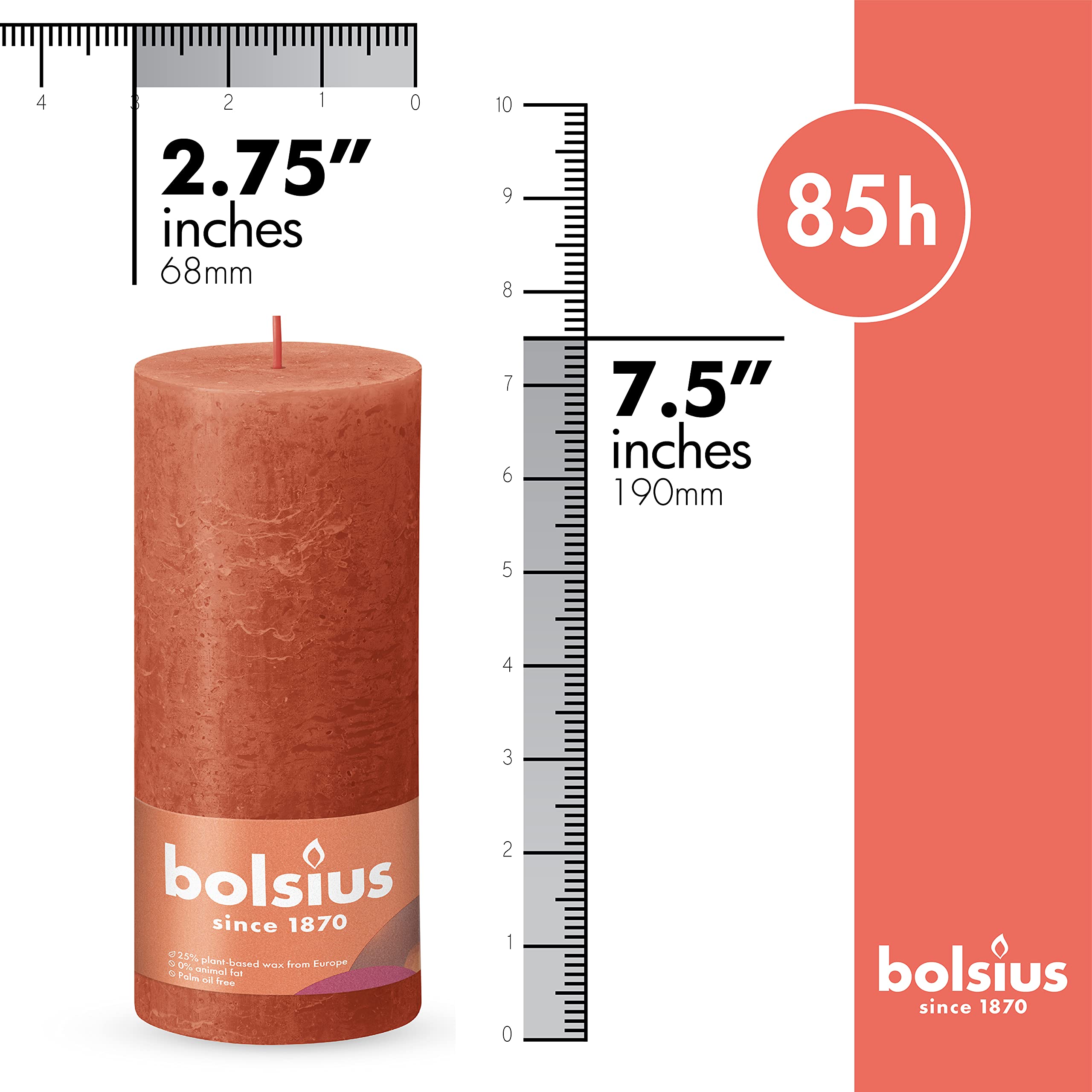 BOLSIUS 4-Pack Orange Rustic Pillar Candles - 2.75 x 7.5 Inches Long-Lasting Unscented Candles - Premium European Quality Plant-Based Wax - Dripless Smokeless 85-Hour Burn Time - Perfect for Weddings, Parties, Home Decor, and Romantic Dinners