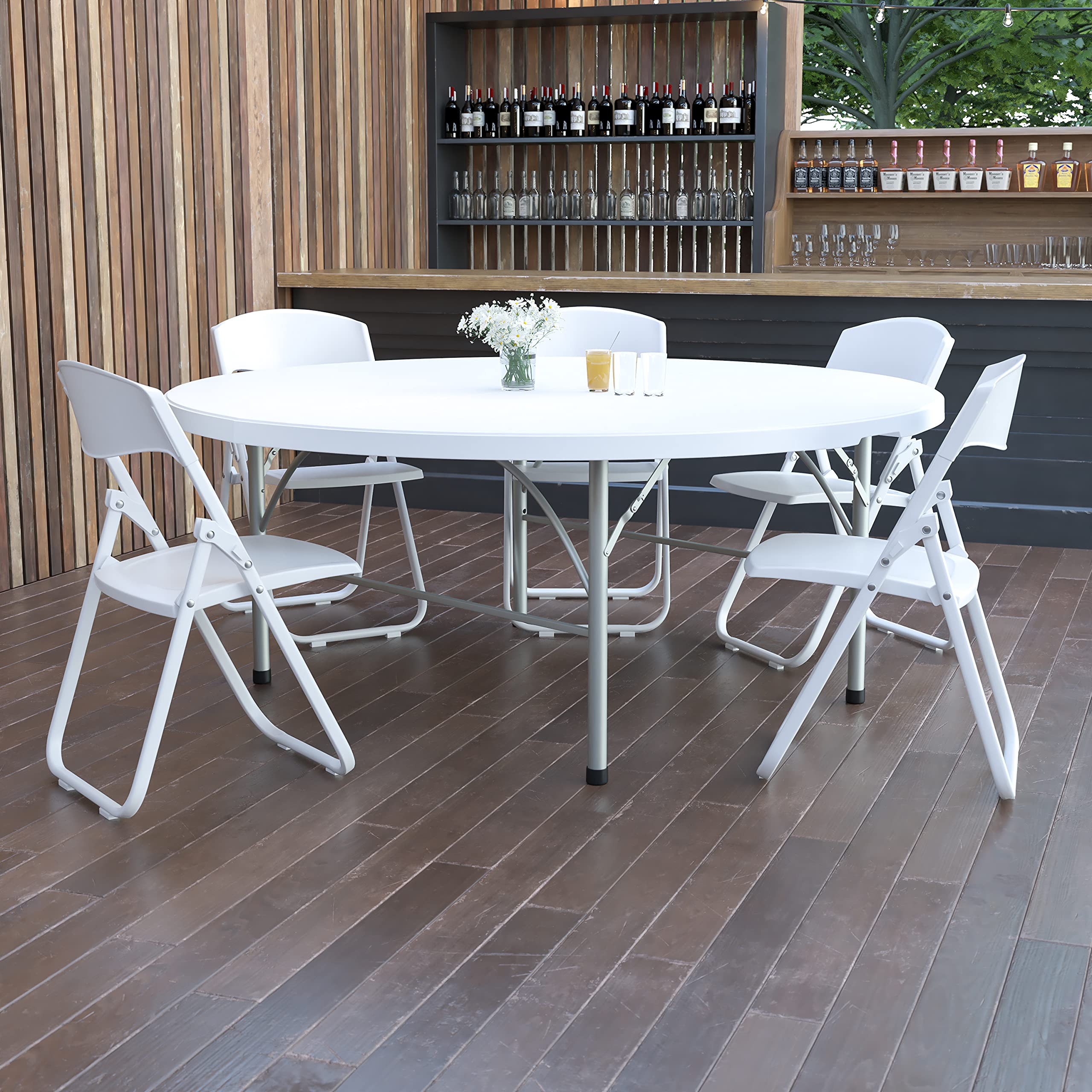 6-Foot Round Bi-Fold Granite White Plastic Folding Table with Handle - Perfect for Parties, Events, and Outdoor Gatherings
