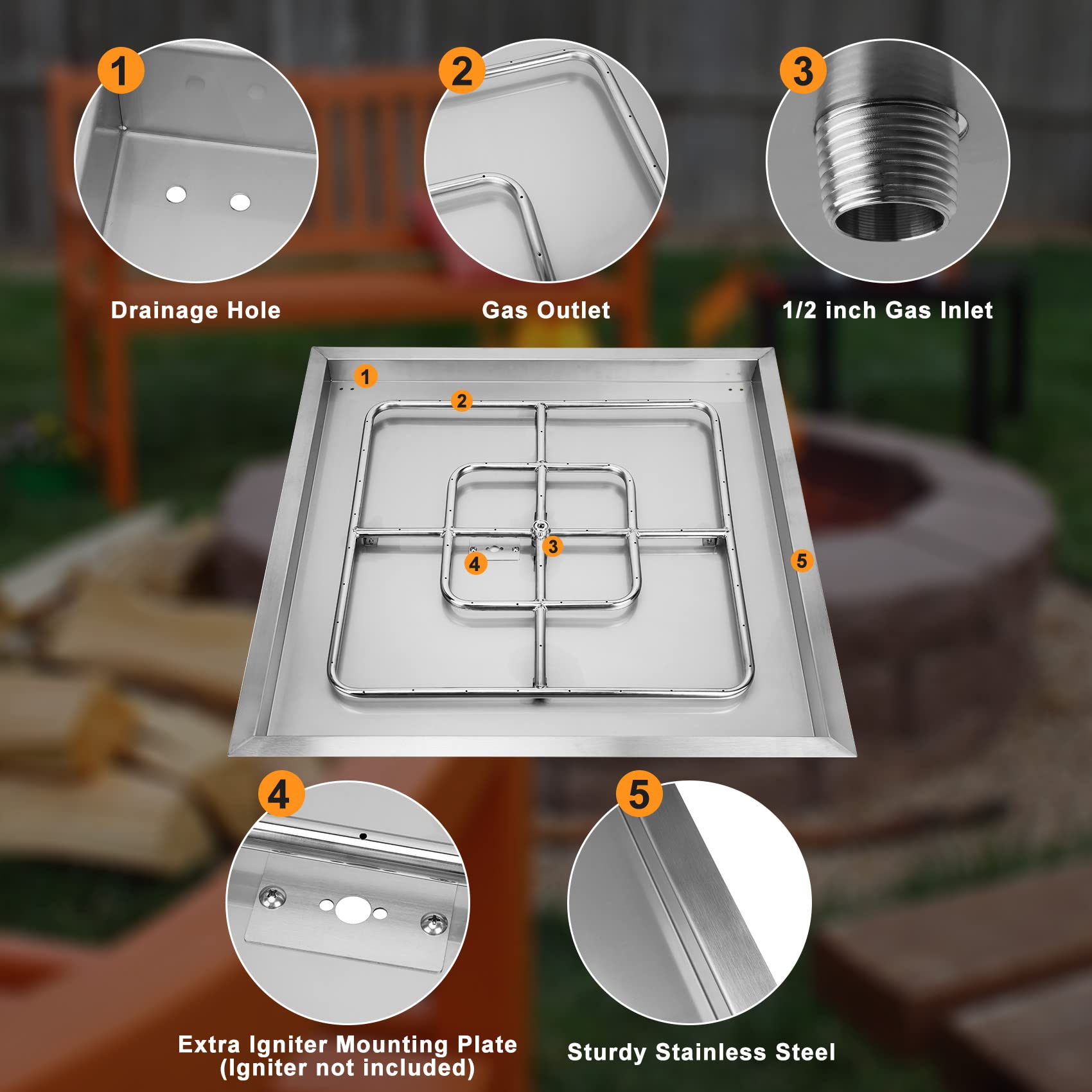 OnlyFire 36 Inch Stainless Steel Square Propane Fire Pit Burner with Pan - DIY Outdoor Fireplace for Backyard, Patio, Garden & Camping - Heavy Duty Gas Fire Pit Kit for Decoration & Warmth