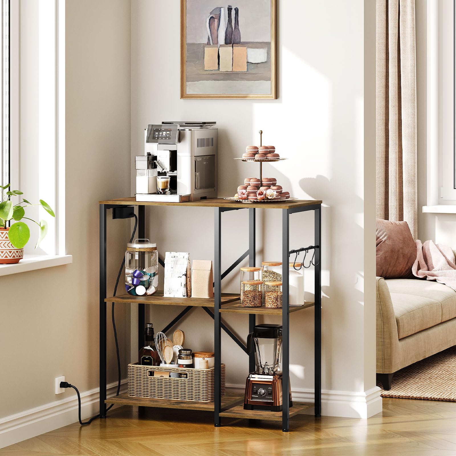 3-Tier Bakers Rack with Power Outlet & Hooks - Rustic Brown Microwave Stand, Multifunctional Coffee Bar & Kitchen Storage Organizer - Perfect for Small Kitchens, Dining Rooms & Living Room Decor