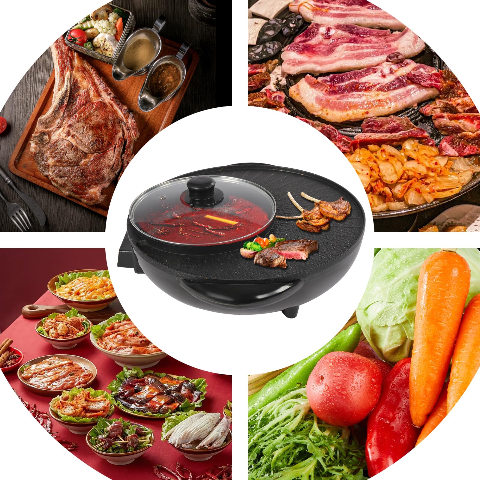 1350W 2-in-1 Electric Hot Pot and Grill Combo - Smokeless Indoor BBQ & Shabu Shabu Cooker with Divider & Clear Lid - 13.78 Inch Black Nonstick Frying Pan for 3-5 People (110V) - Perfect for Family Gatherings, Dinner Parties & Asian Hot Pot Nights