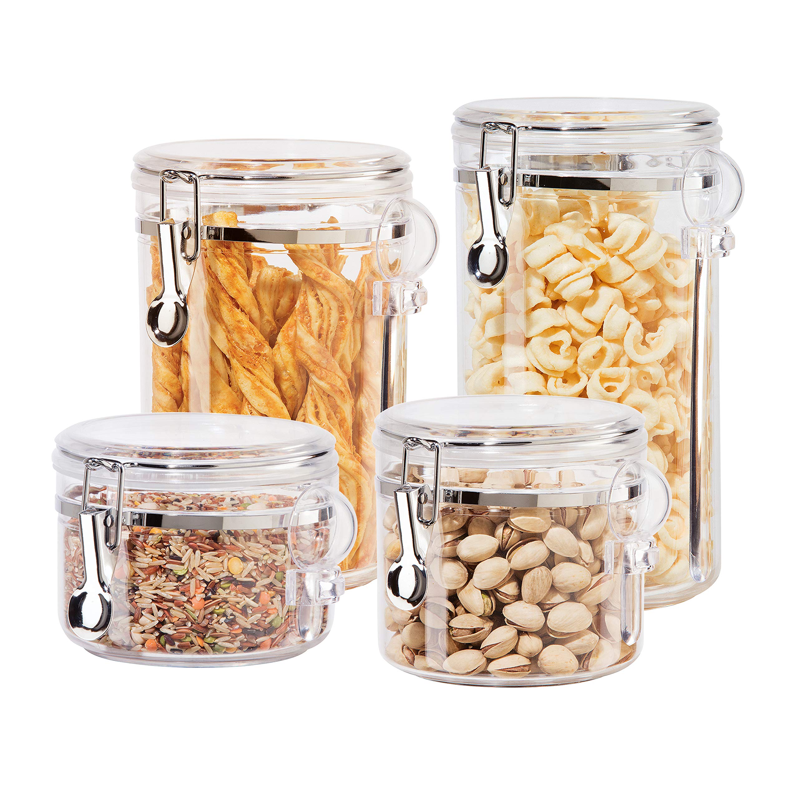 Oggi 4-Piece Clear Airtight Food Storage Canister Set with Clamp Lids - Perfect for Flour, Sugar, Coffee, Rice, Tea, Spices & Herbs - Ideal for Kitchen & Pantry Organization, Baking & Meal Prep