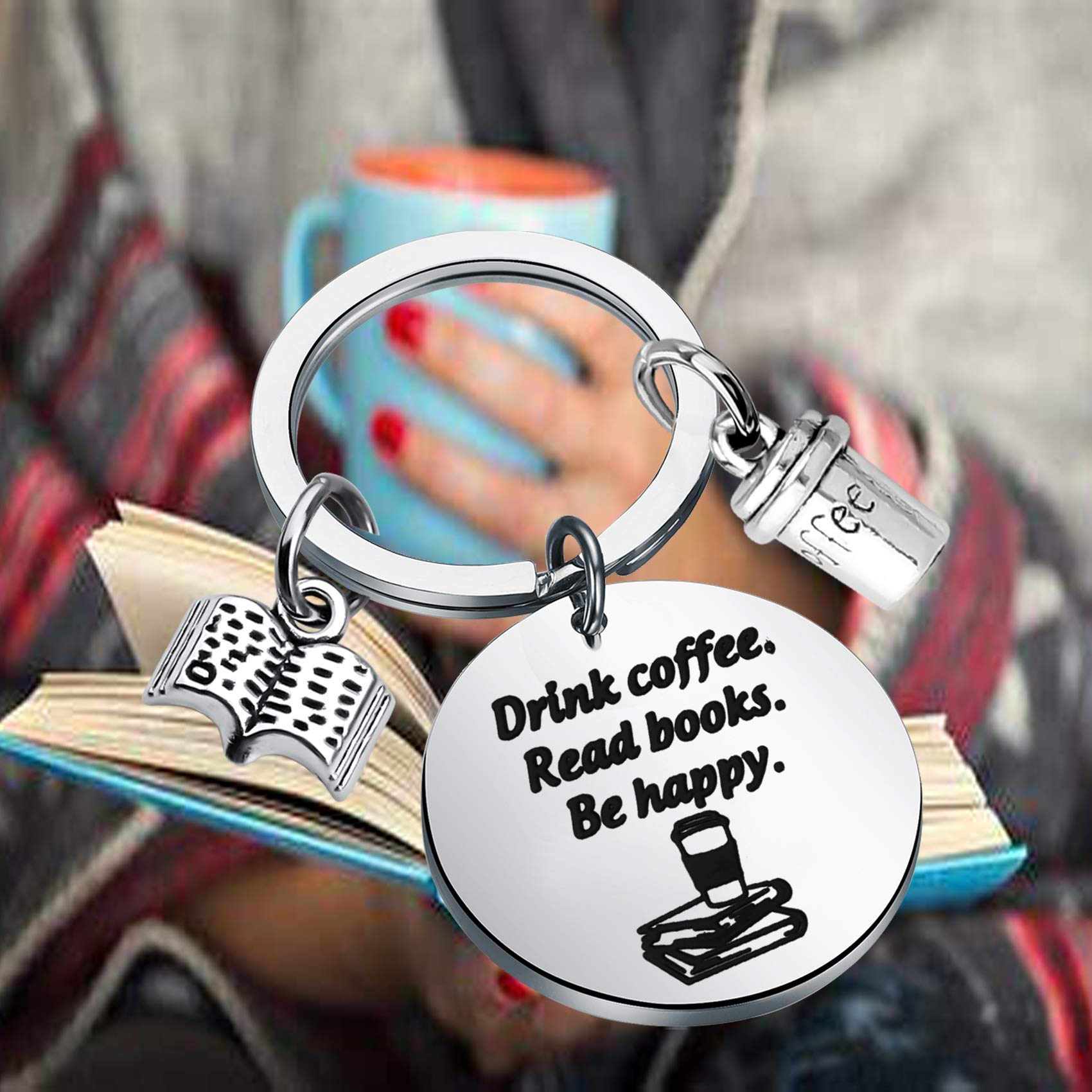 BEKECH Book & Coffee Lovers Gift Keychain - Drink Coffee Read Books Be Happy - Perfect for Readers, Writers & Bibliophiles - Great for Book Clubs, Reading Accessories & Coffee Enthusiasts
