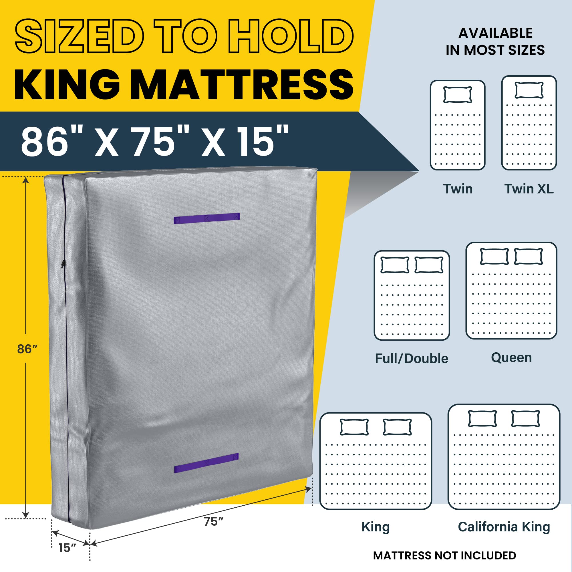 California King Mattress Bags for Moving & Storage - Heavy Duty 10 Mil Zippered Mattress Cover with 8 Carry Handles - Waterproof Mattress Protector for Home, Dorm, Apartment Moves & Long-Term Storage