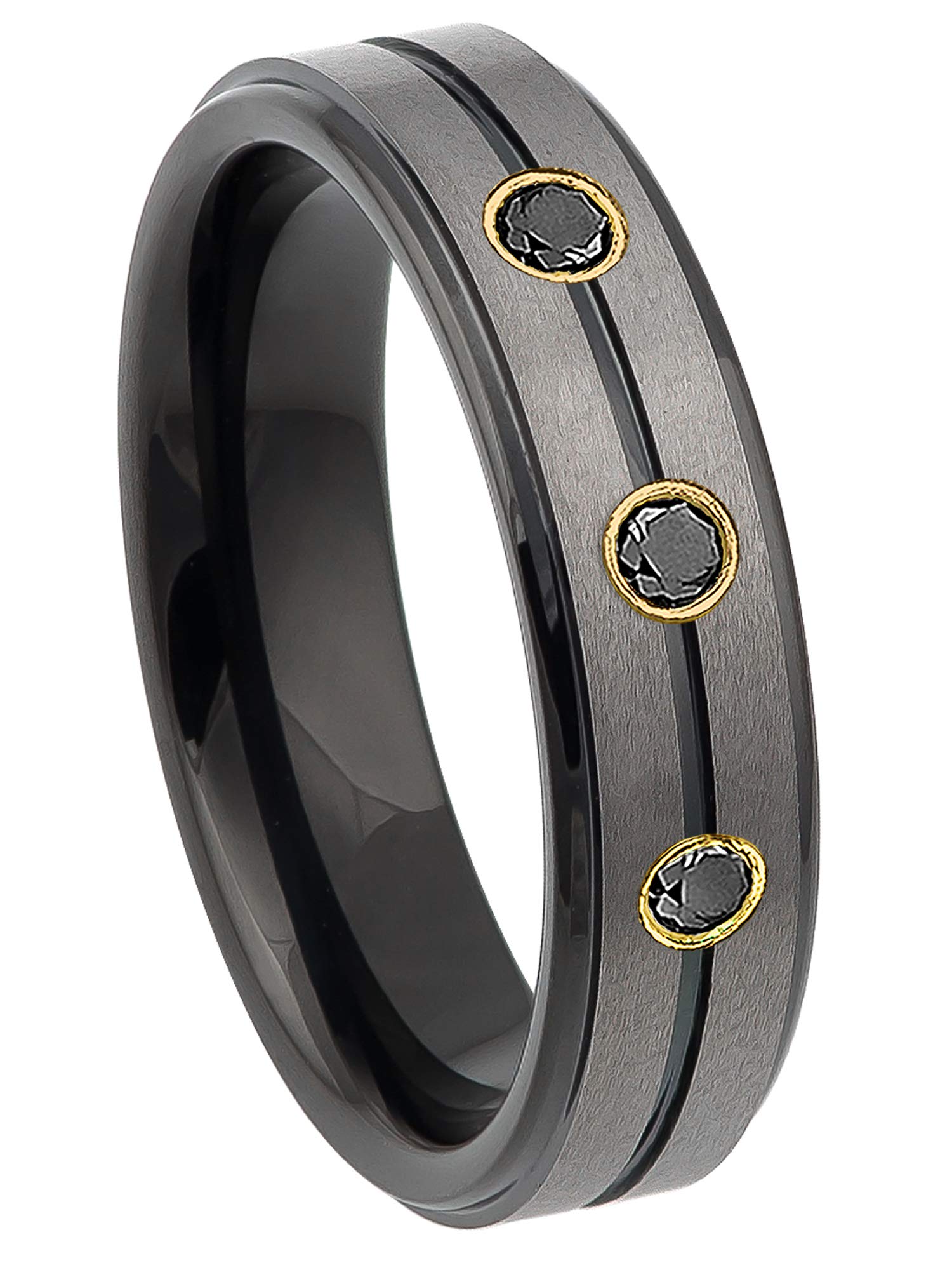 6MM Brushed Black IP Tungsten Carbide Wedding Band with Grooved Center & Stepped Edge - 0.21ctw Black Diamond 3-Stone Ring for Men | Durable & Scratch-Resistant Jewelry for Weddings, Anniversaries & Everyday Wear