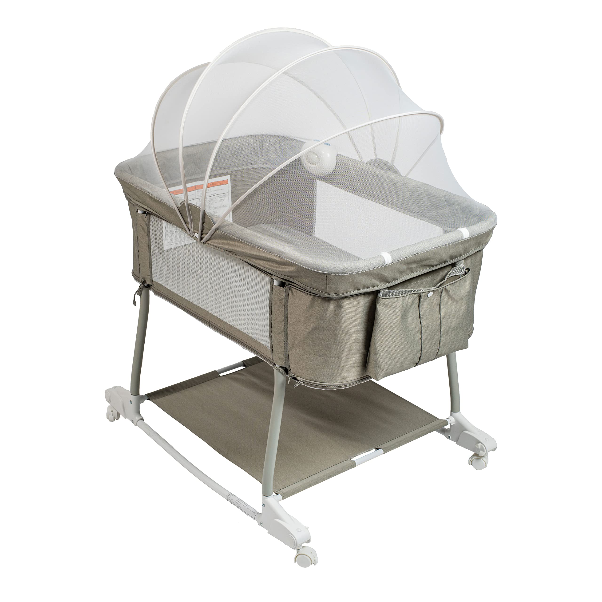 Portable 3-in-1 Baby Bassinet with Wheels - Breathable Mesh Bedside Sleeper, Rocking Crib & Playard with Mosquito Net, Night Light, Vibration & Music Box (Light Grey) - Perfect for Nursery, Bedroom & Travel