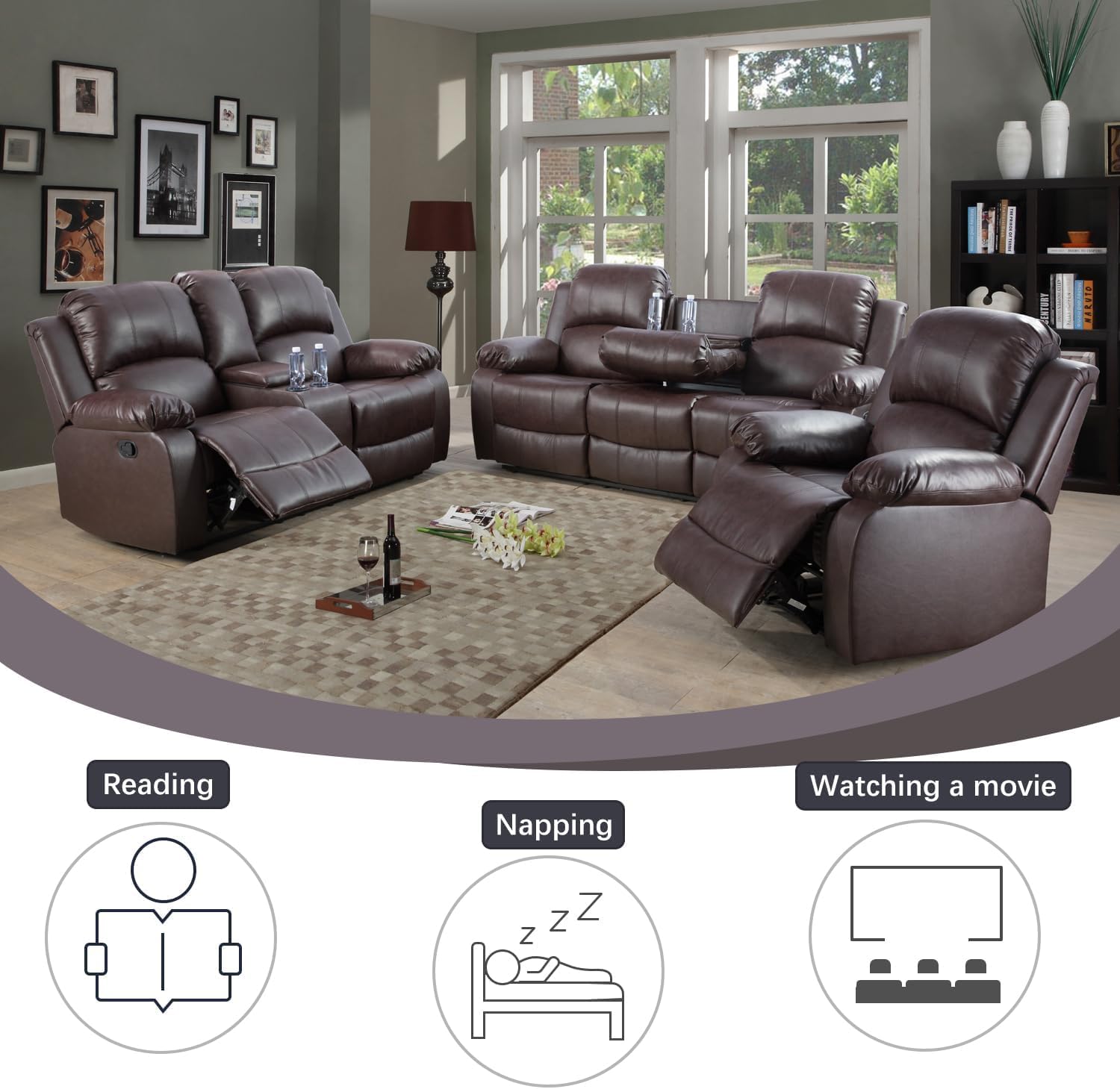 Premium Bonded Leather Reclining Sofa Set - 3-Piece Living Room Furniture (Loveseat & Recliners, Brown) | Comfortable Home Theater Seating & Family Lounge Furniture