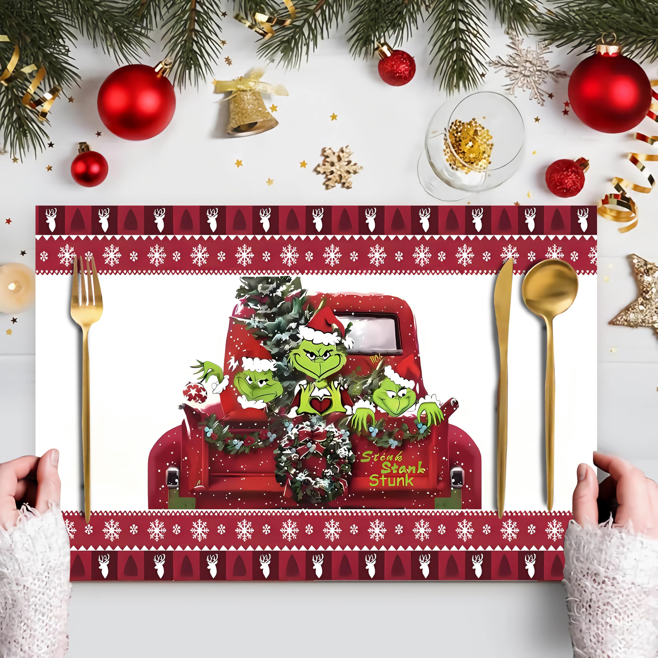 Christmas Table Runner and 4-Piece Placemats Set - 13x72 Inch Believe Themed Holiday Decor with 12x18 Inch Green Elf Placemats - Perfect for Festive Dining Table, Kitchen Decorations, Holiday Parties & Christmas Home Decor (Green)